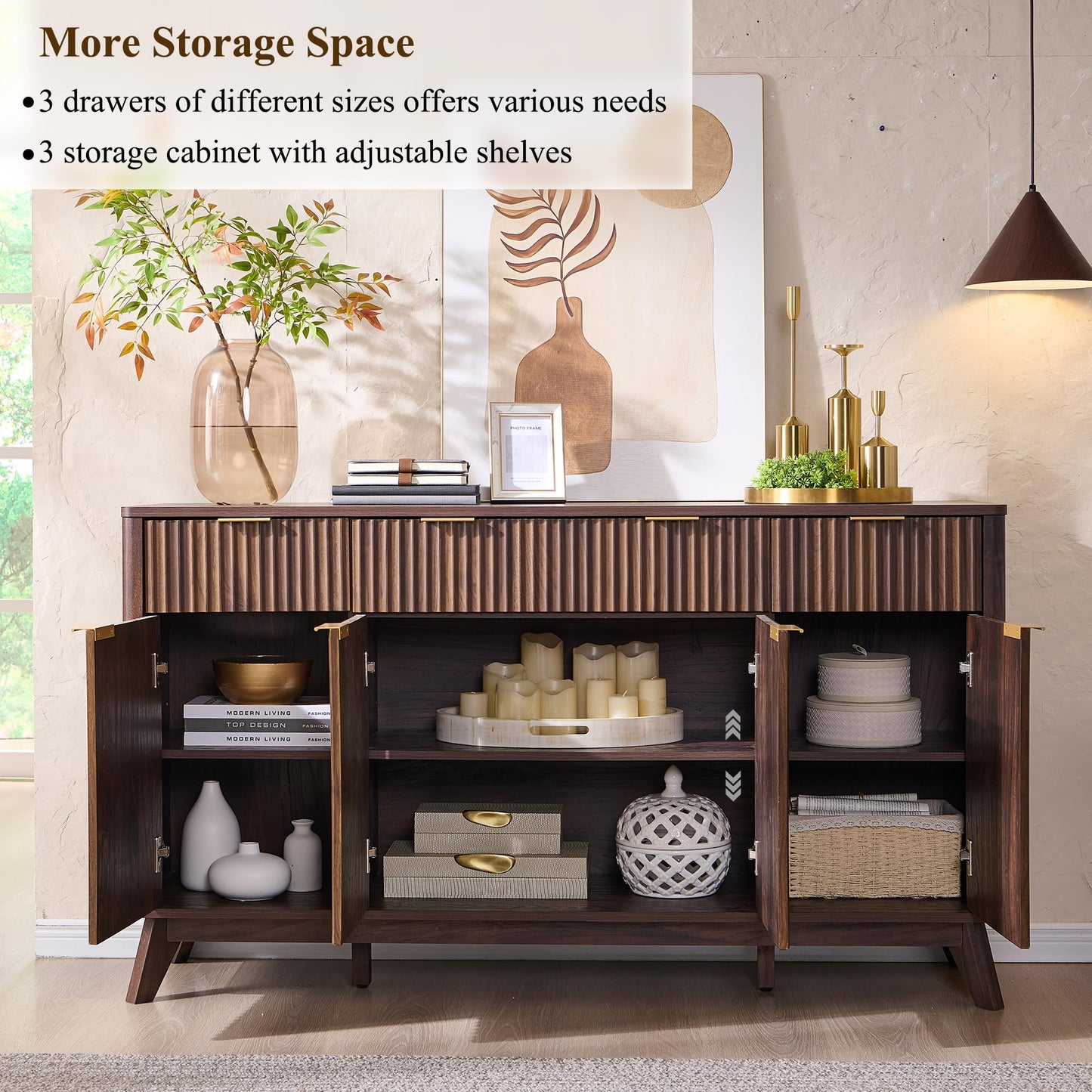 **T4TREAM 60" Fluted Buffet Sideboard Cabinet with Storage, Modern Large Buffet Table with 3 Drawers & 4 Doors for Dining Room, Living Room, or Hallway, Dark Walnut**