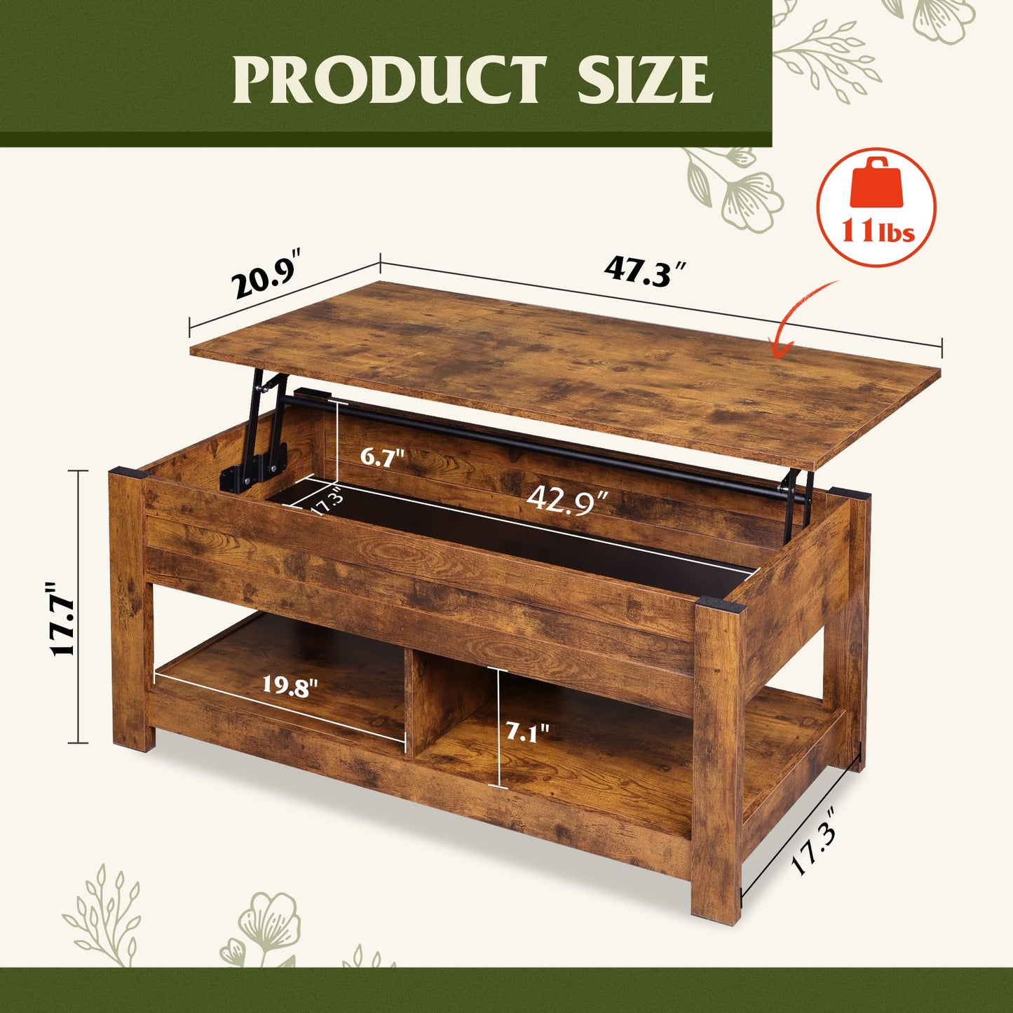 WLIVE 47" Lift Top Coffee Table with Hidden Compartment and Dual Storage Shelves – Rustic Brown Modern Center Table for Living Room, Spacious Storage with Functional Lift-Top Design