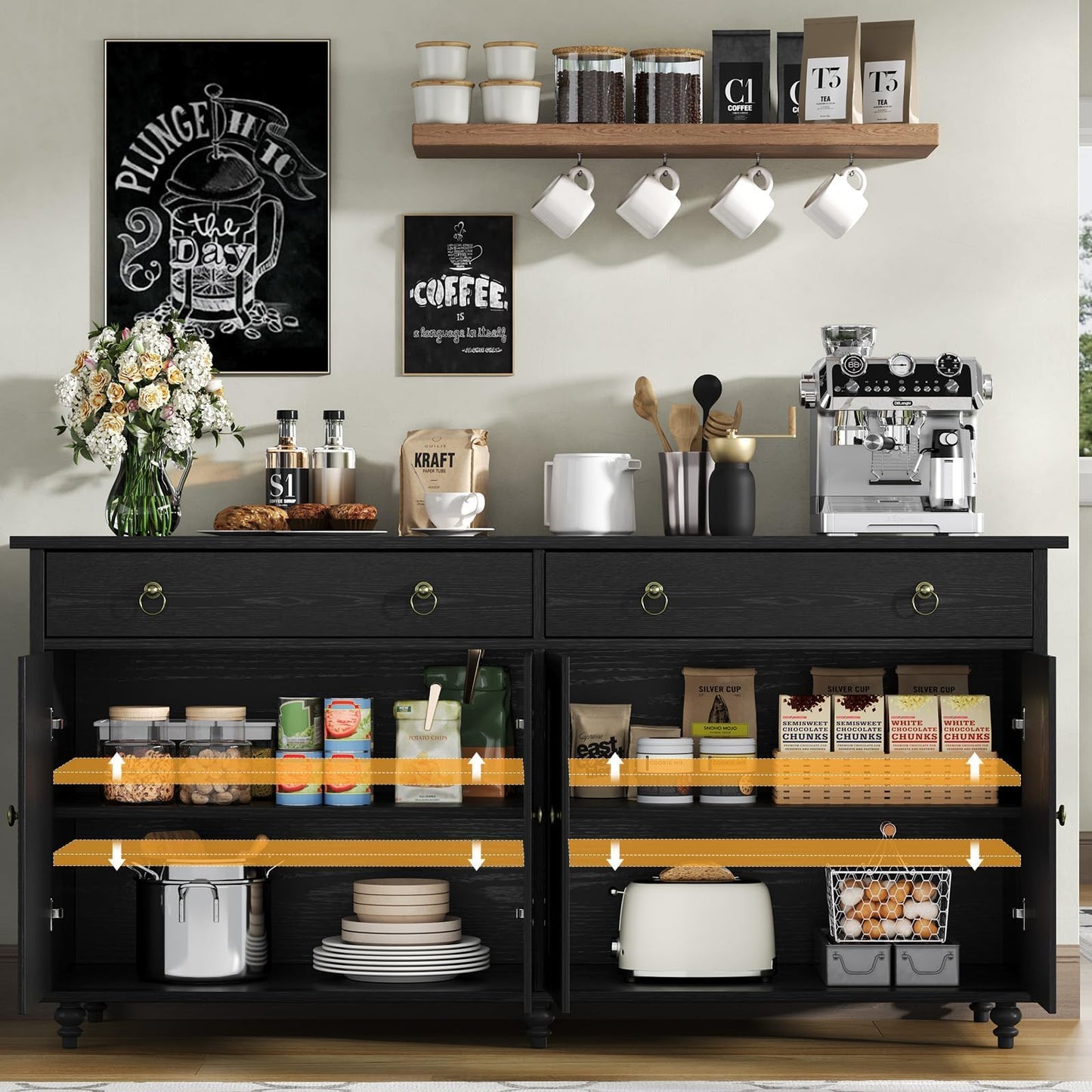 **55" Buffet Cabinet with Storage, Black Sideboard with Drawers and Doors, Coffee Bar for Dining Room**