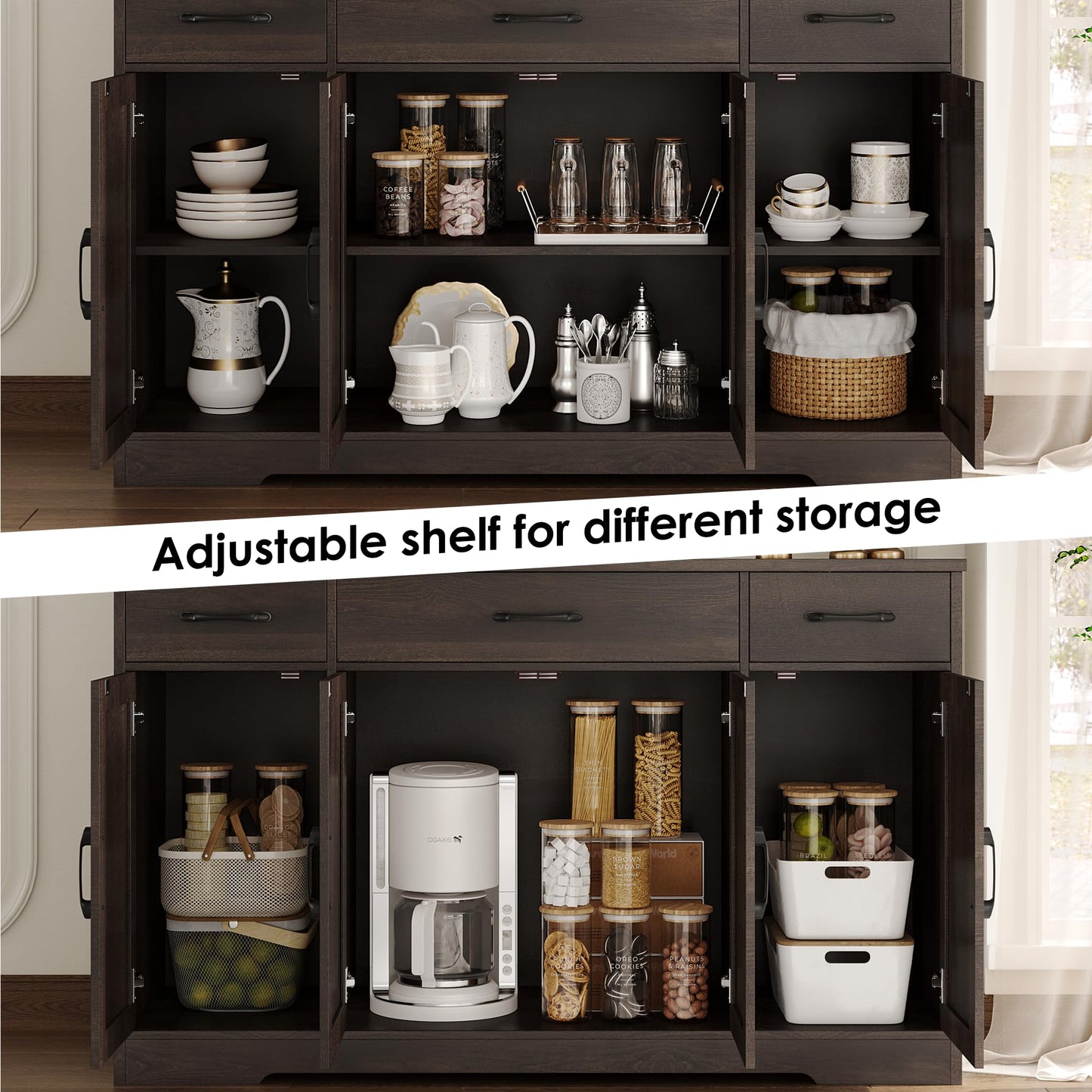 55" Large Buffet Sideboard Cabinet with Drawers, Shelves, and Doors, Modern Farmhouse Coffee Bar Station for Kitchen or Dining Room, Dark Brown