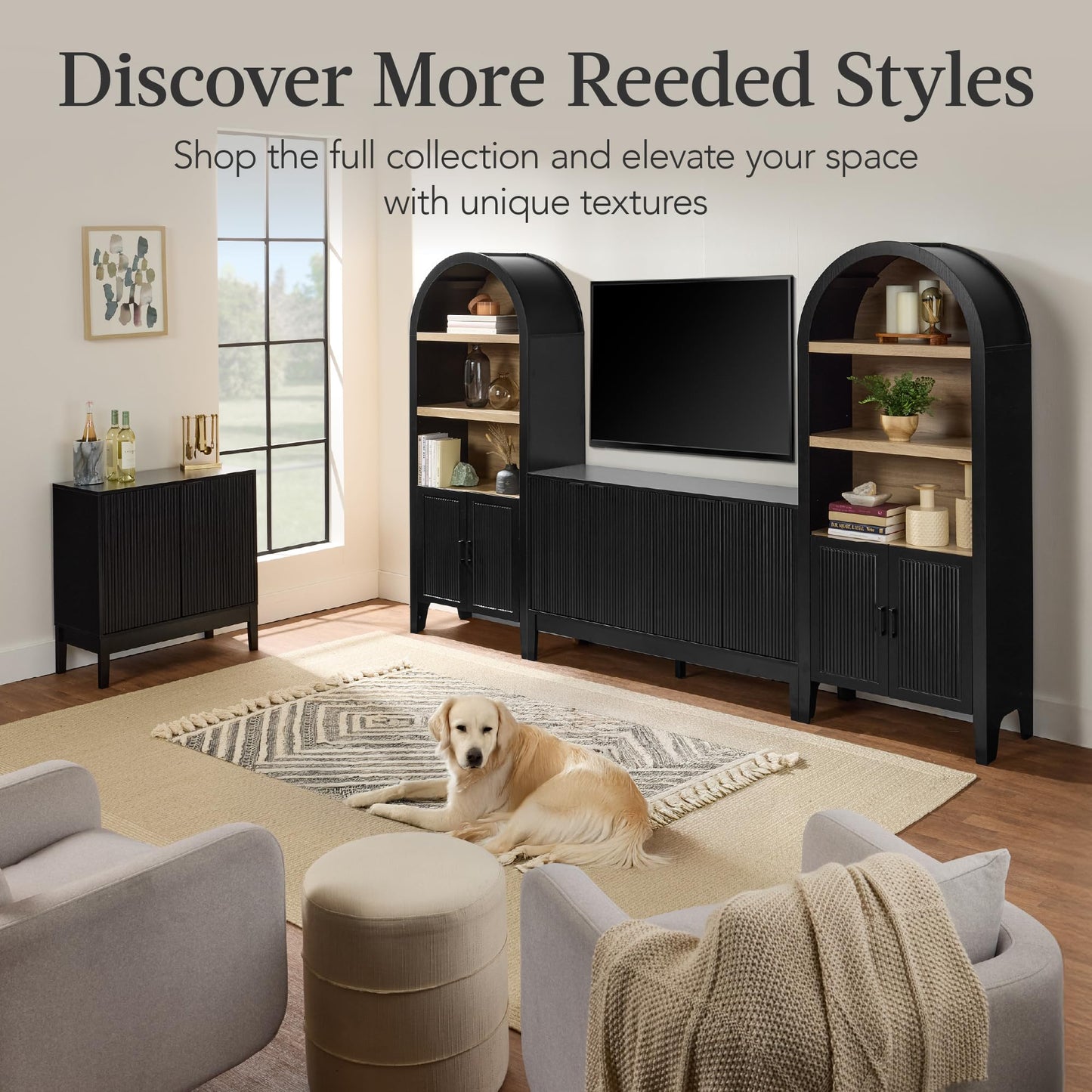 Modern 55" 4-Door Sideboard Storage Cabinet with Reed Panels and Adjustable Shelves, Buffet Media Cabinet for Entryway or Living Room, Black
