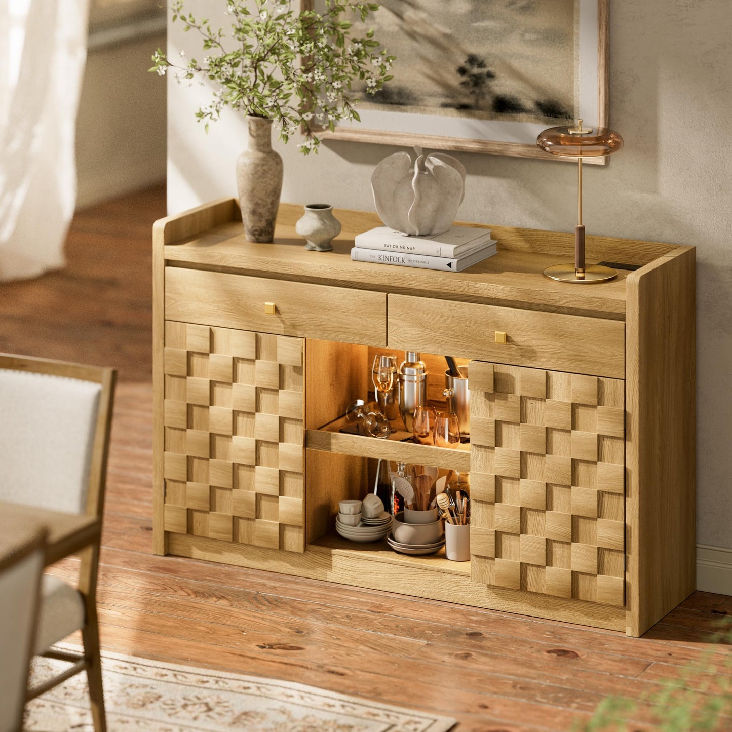 55" Fluted Sideboard Buffet Cabinet with Charging Station and LED Light, 2 Drawers, Pull-Out Shelf, and Spice Rack, Modern Kitchen Storage, Original Oak