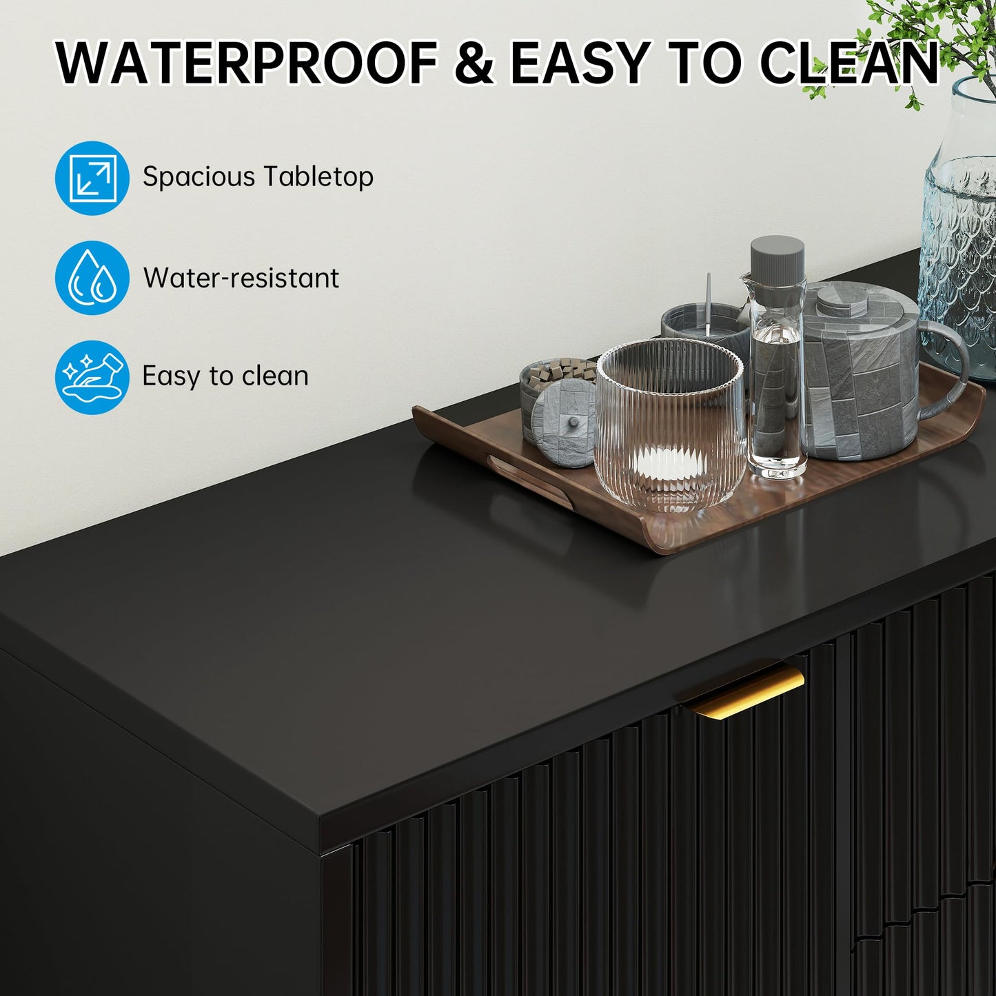 Fluted Buffet Cabinet with 2 Doors, 3 Drawers and Adjustable Shelf, 47" Modern Sideboard Credenza Coffee Bar Table, Black