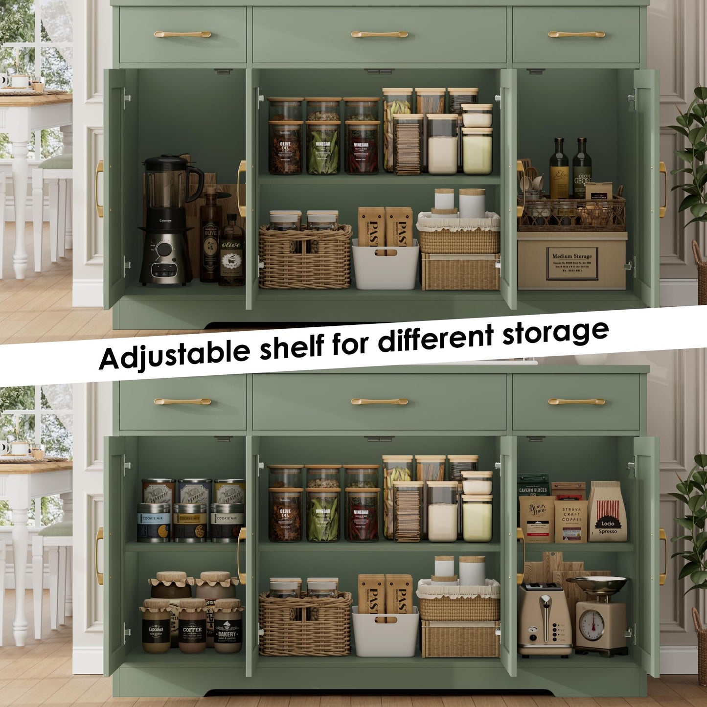 55" Large Buffet Sideboard Cabinet with Drawers, Shelves, and Doors, Modern Farmhouse Coffee Bar Station for Kitchen or Dining Room, Green