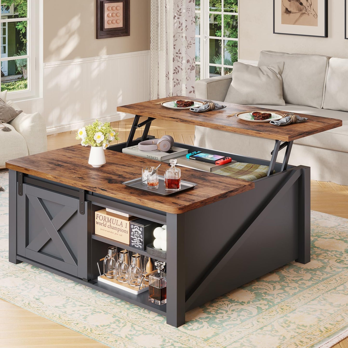 SEDETA 31.5" Lift Top Square Coffee Table with Storage – Farmhouse Living Room Table with Large Hidden Compartment, Adjustable Shelves & Modern Black Finish