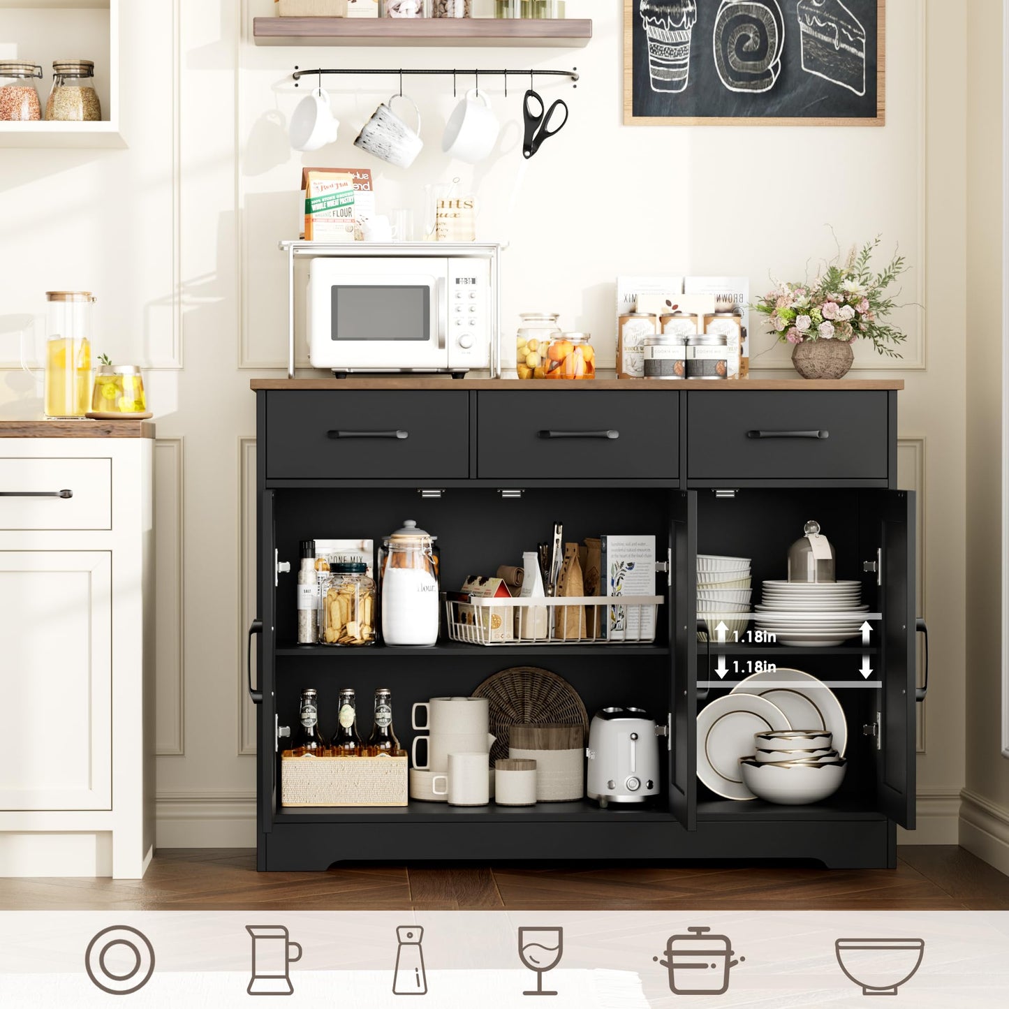 **HOSTACK Modern Farmhouse Buffet Sideboard Cabinet with Barn Doors, Drawers, and Shelves, Wood Coffee Bar Storage Cabinet for Dining Room, Kitchen, or Living Room, Ash Grey**