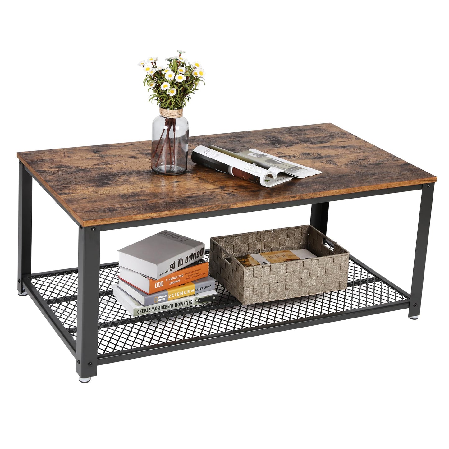2-Tier Industrial Coffee Table with Mesh Shelf, Steel Frame, Adjustable Feet for Living Room, Rustic Brown/Black