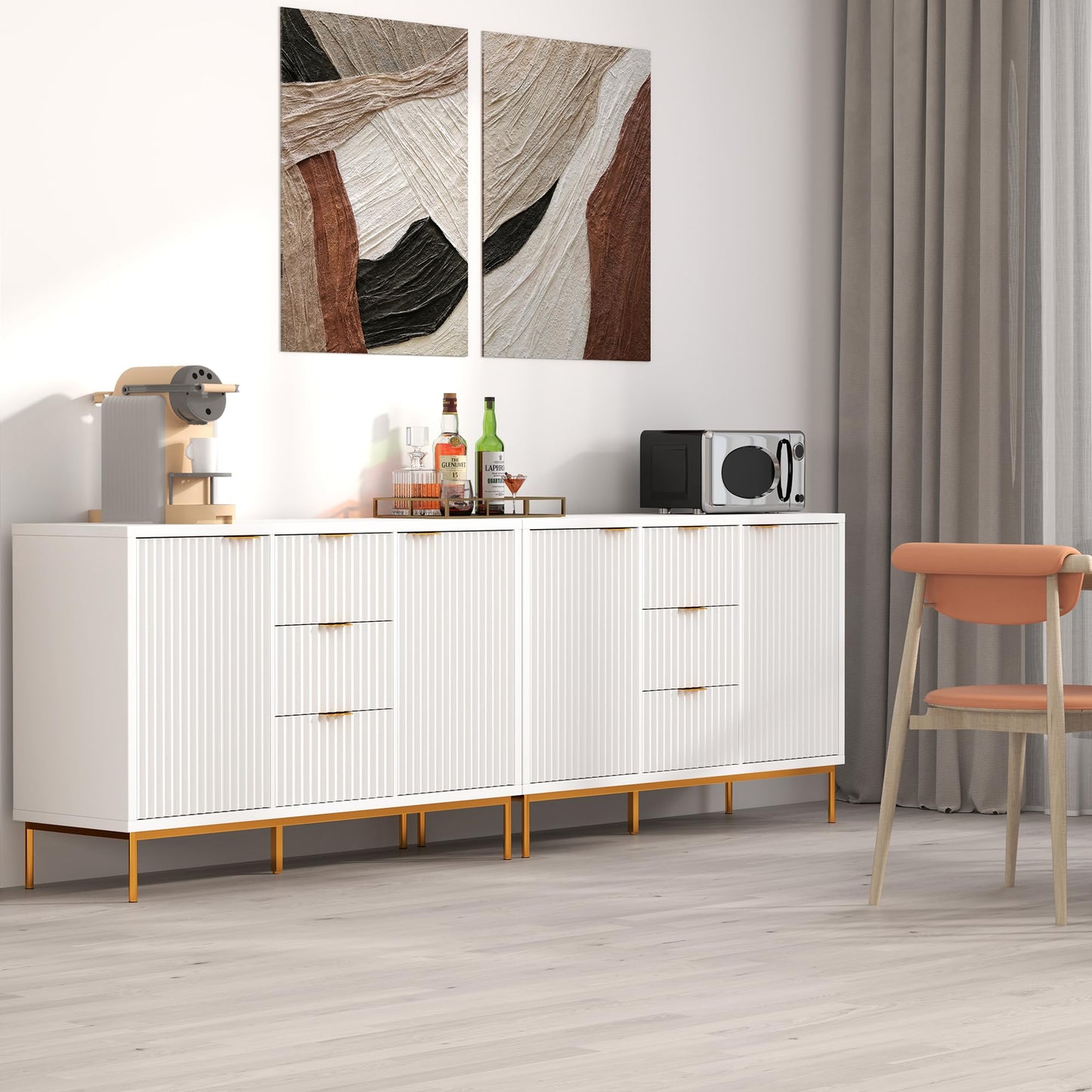 Fluted Buffet Cabinet with 2 Doors, 3 Drawers and Adjustable Shelf, 47" Modern Sideboard Coffee Bar Table for Kitchen and Living Room, White