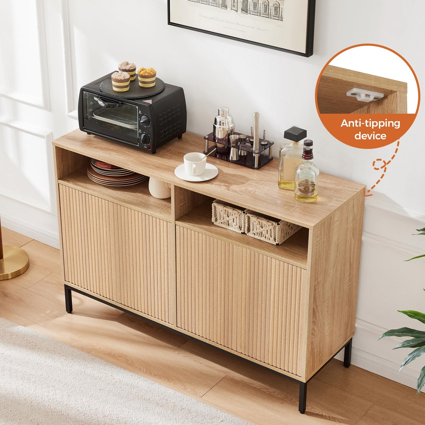 Farmhouse Buffet Sideboard Cabinet with Storage, Fluted Natural Coffee Bar Station Table with Doors and Adjustable Shelves, Modern Wood Cupboard for Kitchen