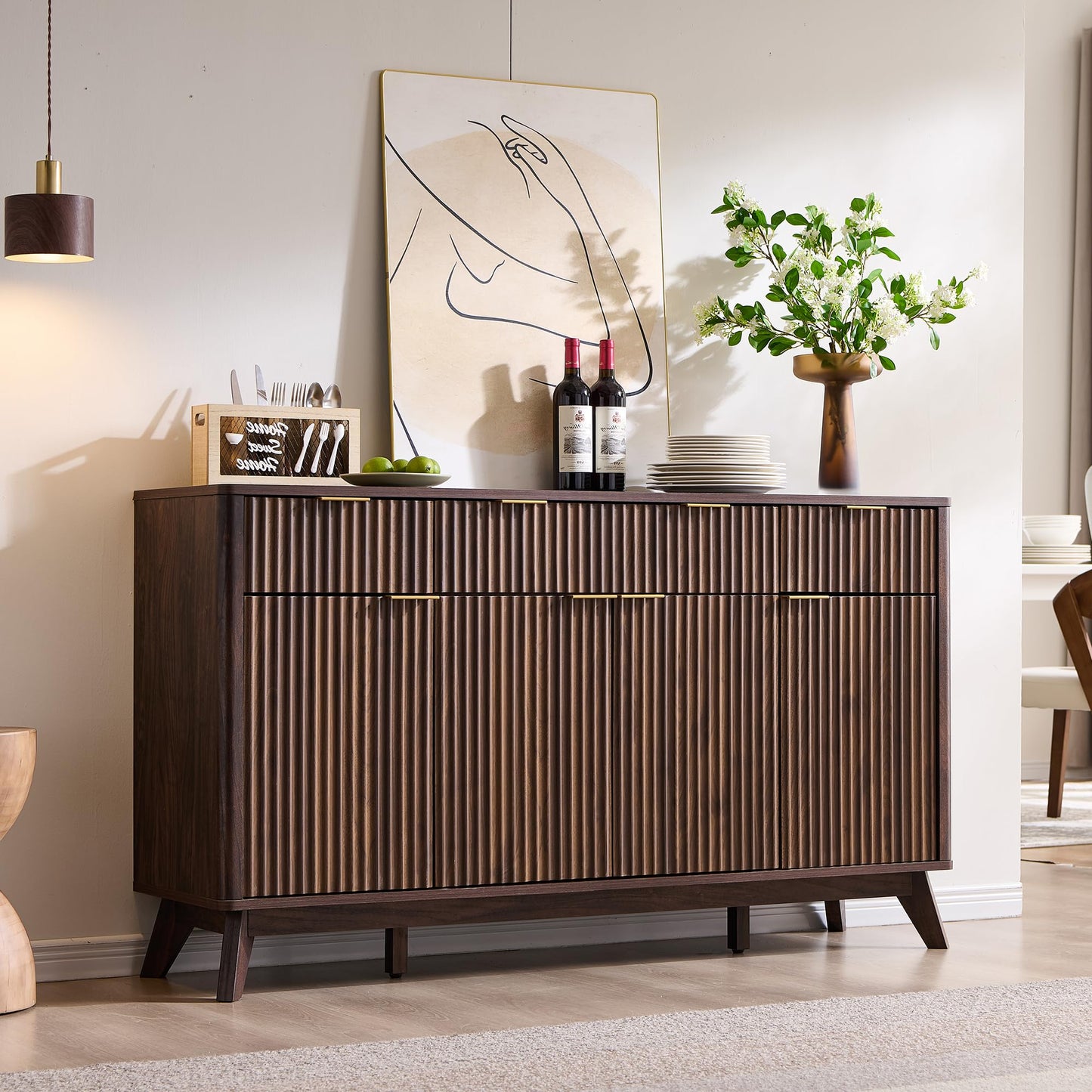 **T4TREAM 60" Fluted Buffet Sideboard Cabinet with Storage, Modern Large Buffet Table with 3 Drawers & 4 Doors for Dining Room, Living Room, or Hallway, Dark Walnut**
