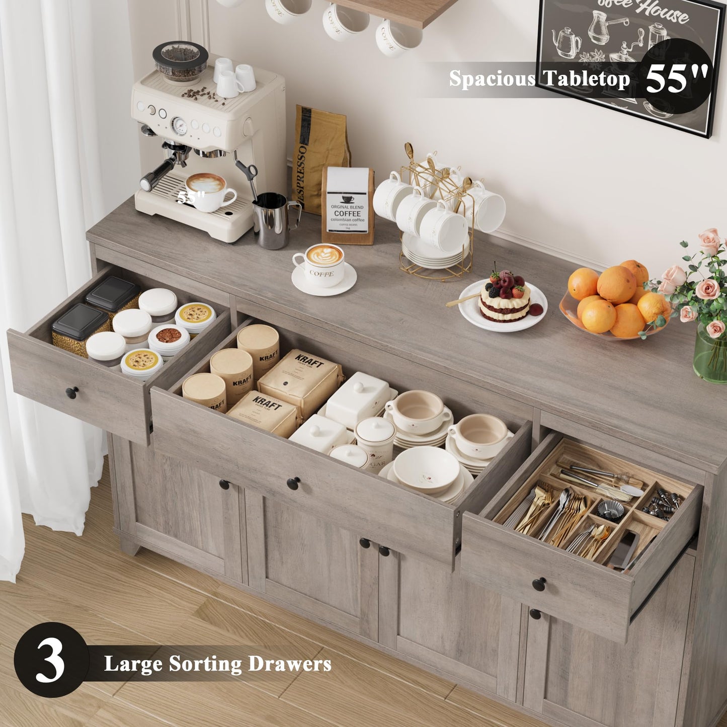 **HIFIT 55" Large Kitchen Buffet Cabinet with Storage, Farmhouse Sideboard with Drawers, Doors, and Shelves, Wood Coffee Bar for Kitchen, Dining, or Living Room, Ash Grey**
