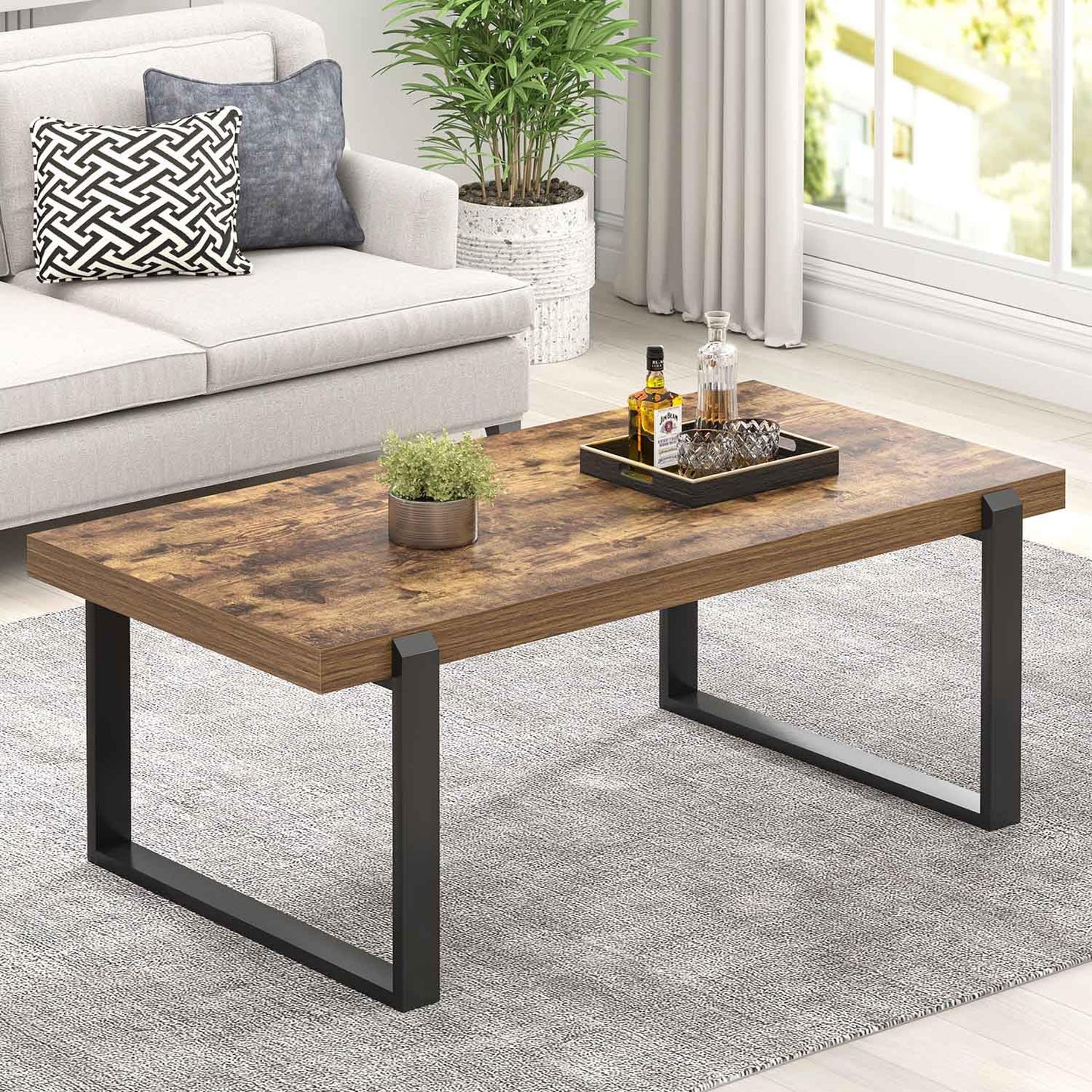 FOLUBAN 47" Modern Coffee Table – Rustic Brown Wood and Metal Industrial Rectangle Center Table for Living Room