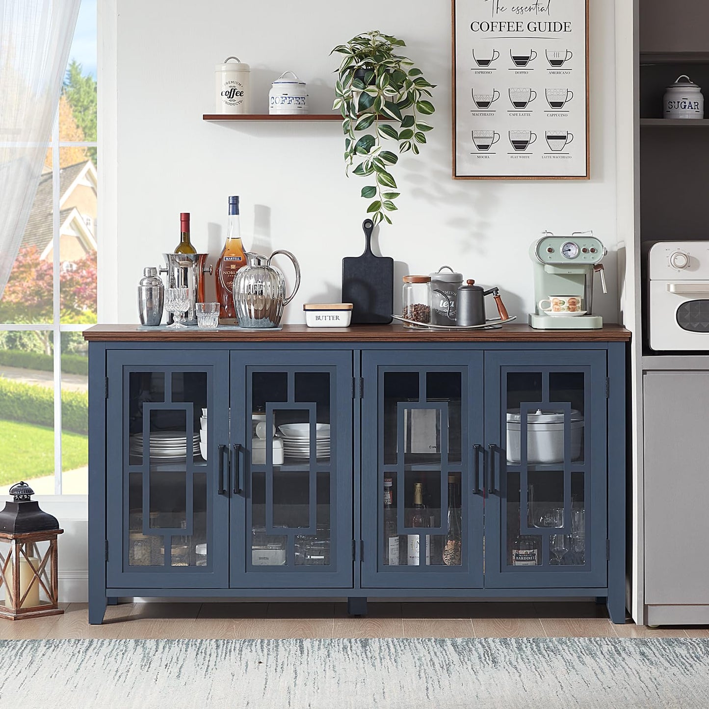 **63" Large Farmhouse Sideboard Buffet Cabinet with Storage, Navy Blue Wood Coffee & Wine Bar Cabinet with 4 Glass Doors, Mid-Century Modern Sideboard for Dining Room or Living Room**