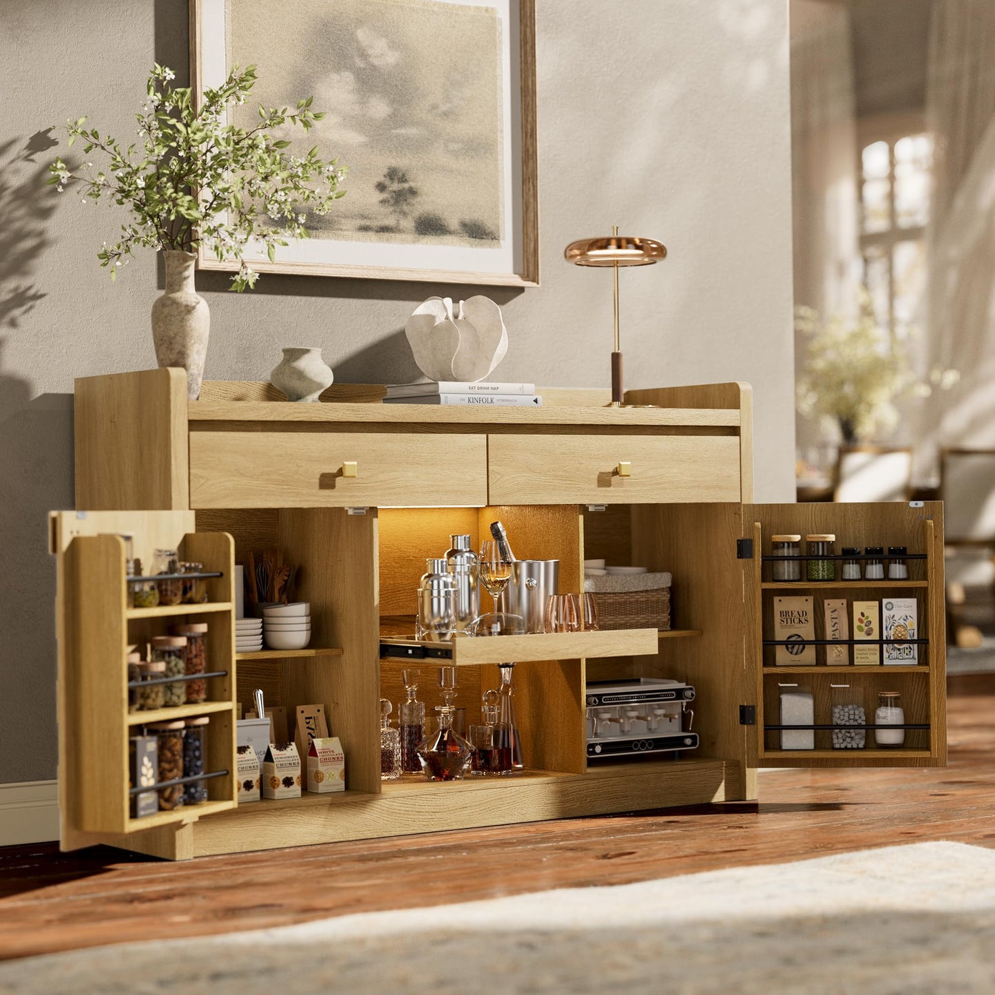 55" Fluted Sideboard Buffet Cabinet with Charging Station and LED Light, 2 Drawers, Pull-Out Shelf, and Spice Rack, Modern Kitchen Storage, Original Oak