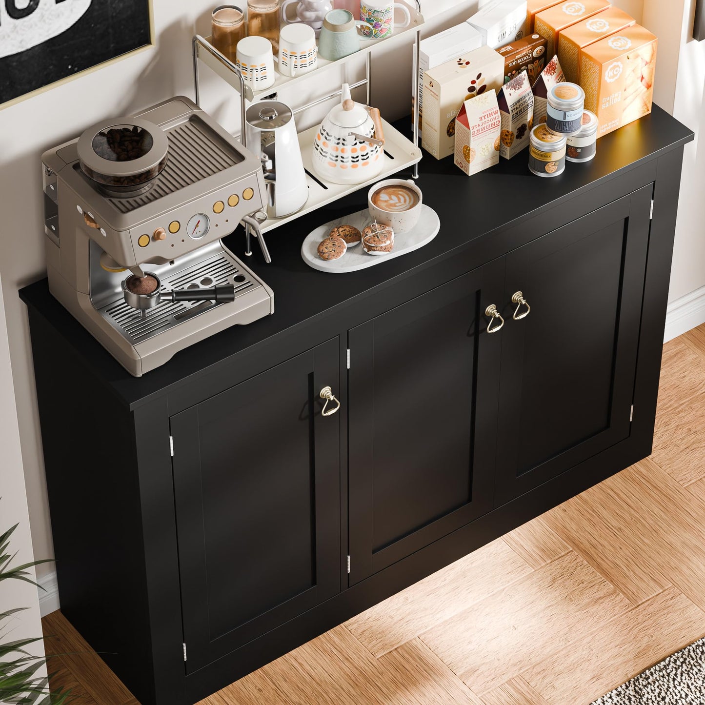 44.5" Black Buffet Cabinet with Storage, Wood Console Table Coffee Bar Sideboard for Kitchen, Dining, Living Room, or Entryway