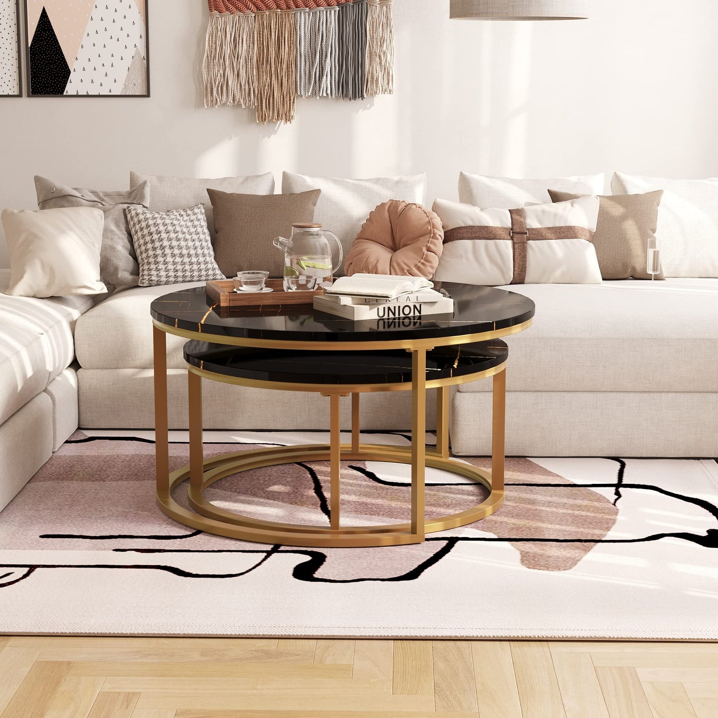 WiberWi Round Nesting Coffee Tables Set of 2 – Large Ø34", Small Ø26", Modern Gold Metal Frame Circle Tables with High Gloss Faux Black Marble Top for Living Room