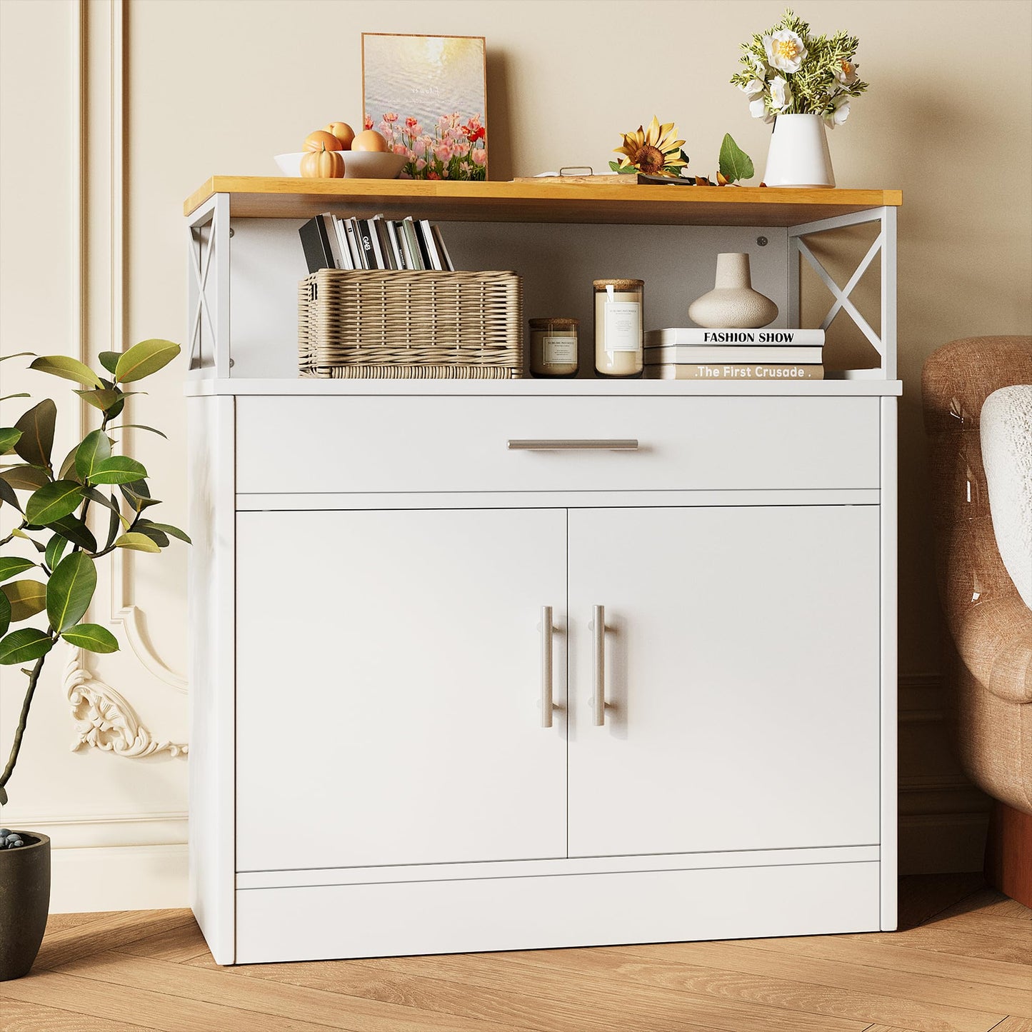 31" Modern Sideboard Buffet Cabinet with Adjustable Shelf, Wood Farmhouse Coffee Bar Storage for Kitchen or Dining Room, White