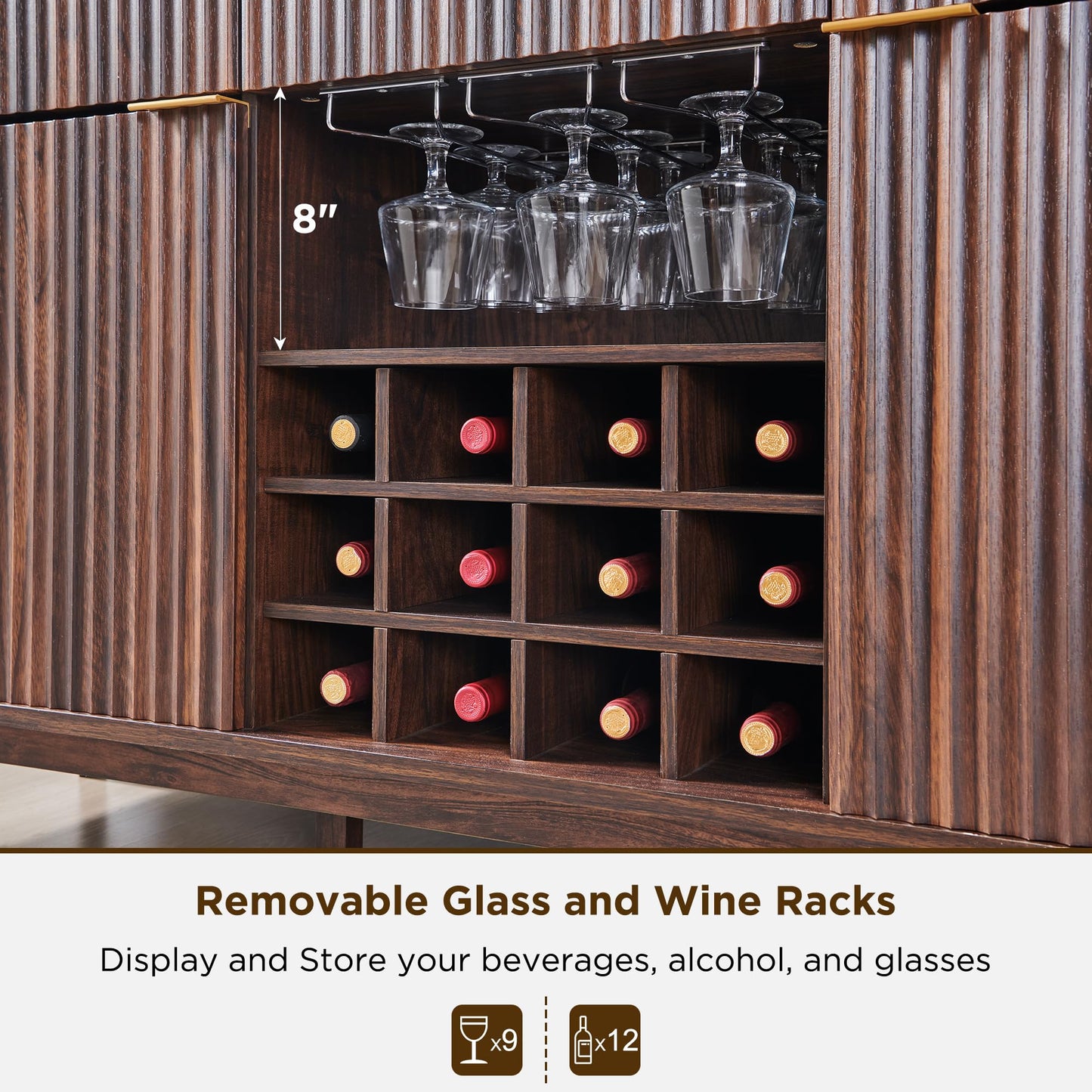 60" Fluted Buffet Cabinet with 3 Drawers and 2 Doors, Modern Wine and Coffee Bar Sideboard with Wine and Glass Racks, Adjustable Shelves for Kitchen or Dining, Walnut