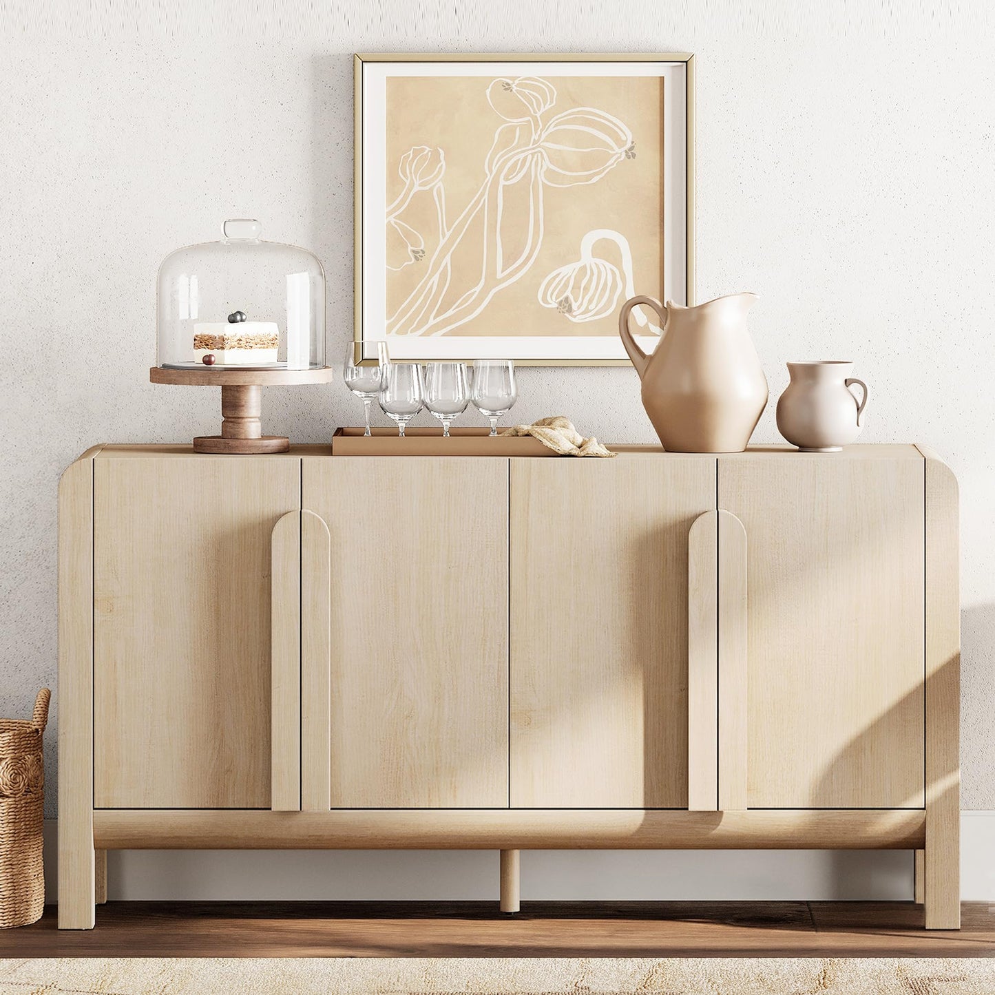 63" Large Curved Buffet Sideboard Cabinet with 4 Doors, Modern Coffee Bar and Wine Bar Storage for Dining Room, Living Room, or Kitchen, Light Oak