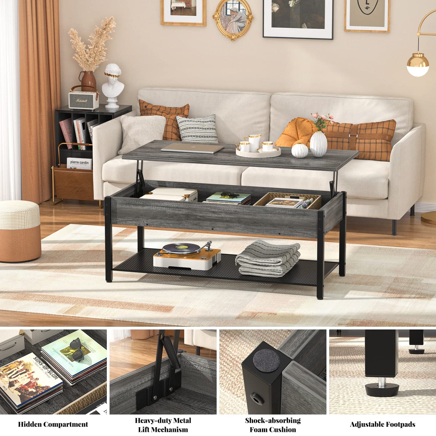 Lift Top Coffee Table with Storage Shelf and Hidden Compartment, Modern Wood and Metal Table for Living Room, Black Oak