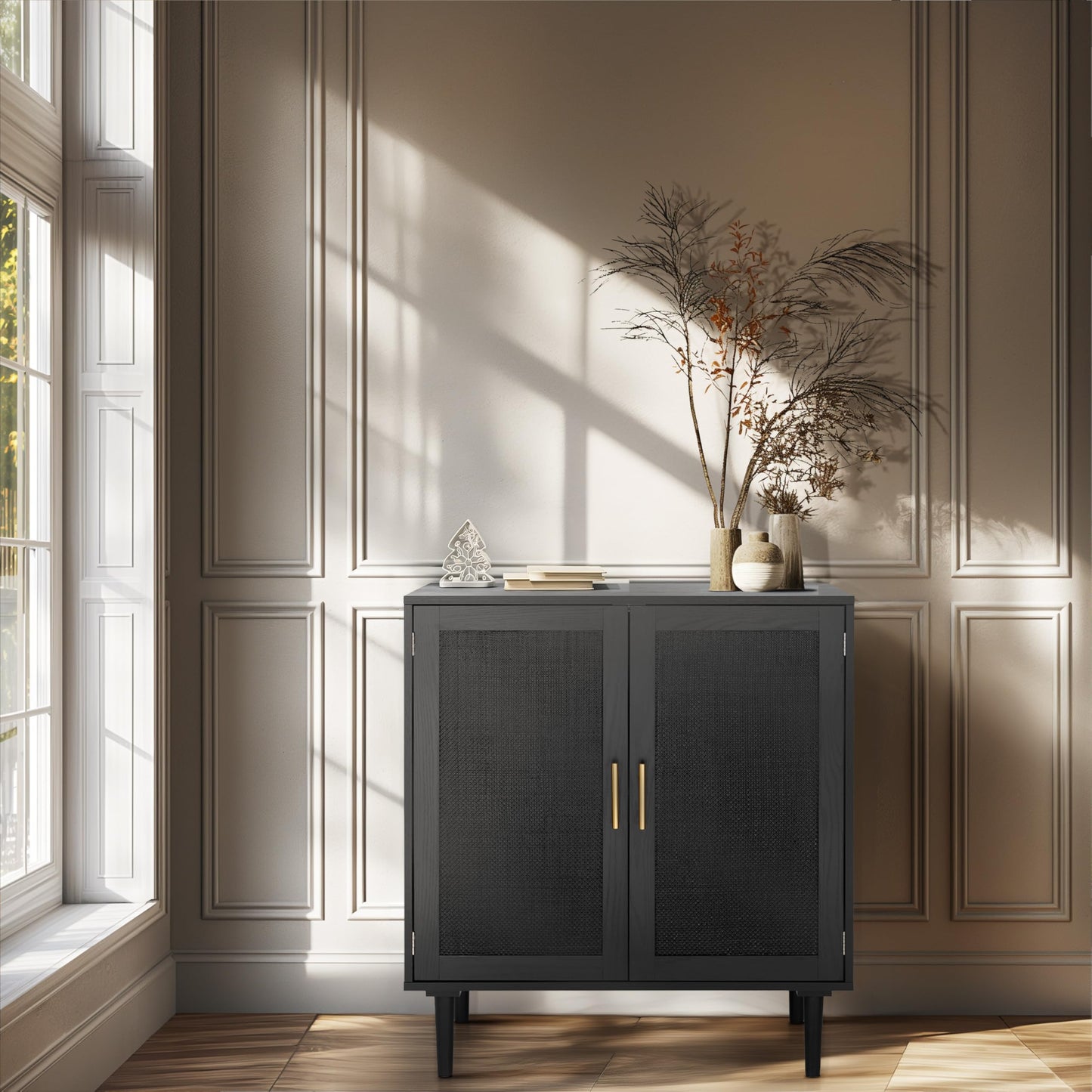 Sideboard Buffet Kitchen Storage Cabinet with Black Painted Rattan Doors, Modern Console Table Cupboard for Dining Room, Hallway, or Living Room, 31.5" x 15.8" x 34.6", Black