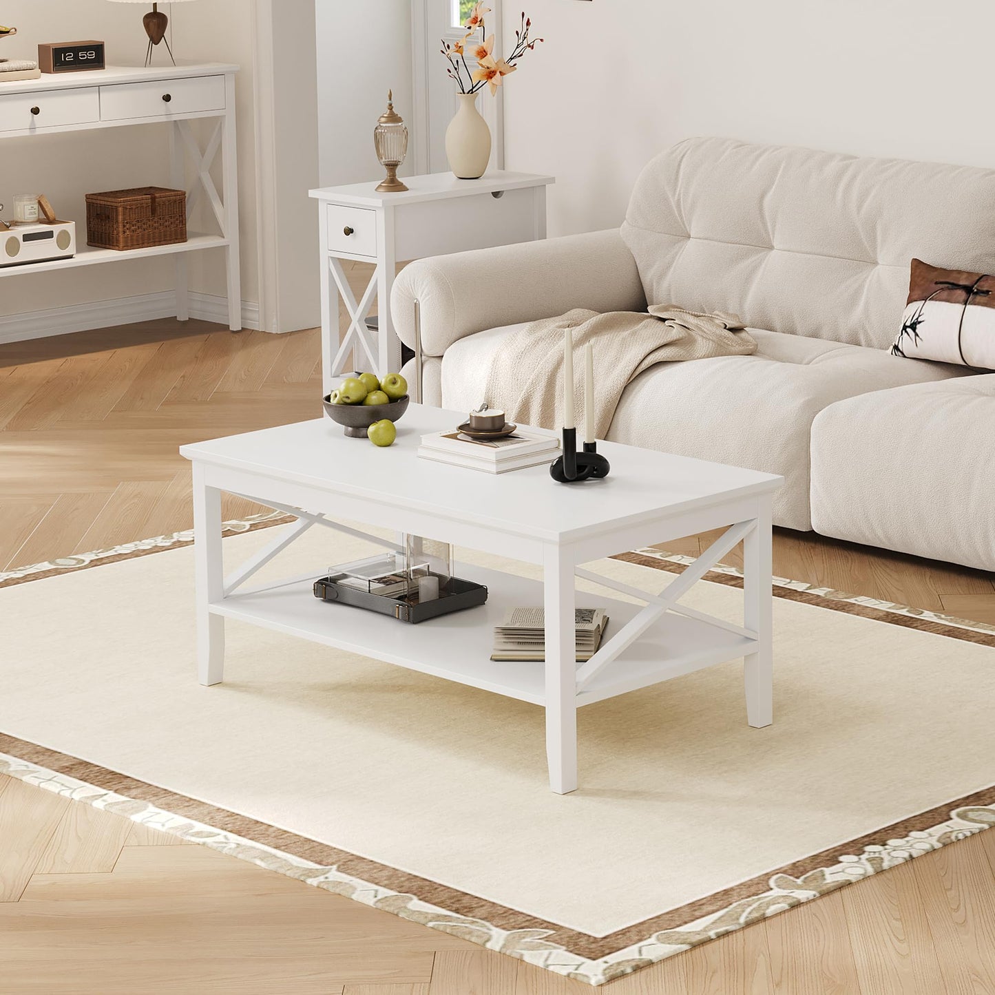 White Rectangular Coffee Table with X Design and Storage Shelf, 39 Inch Modern Living Room Table