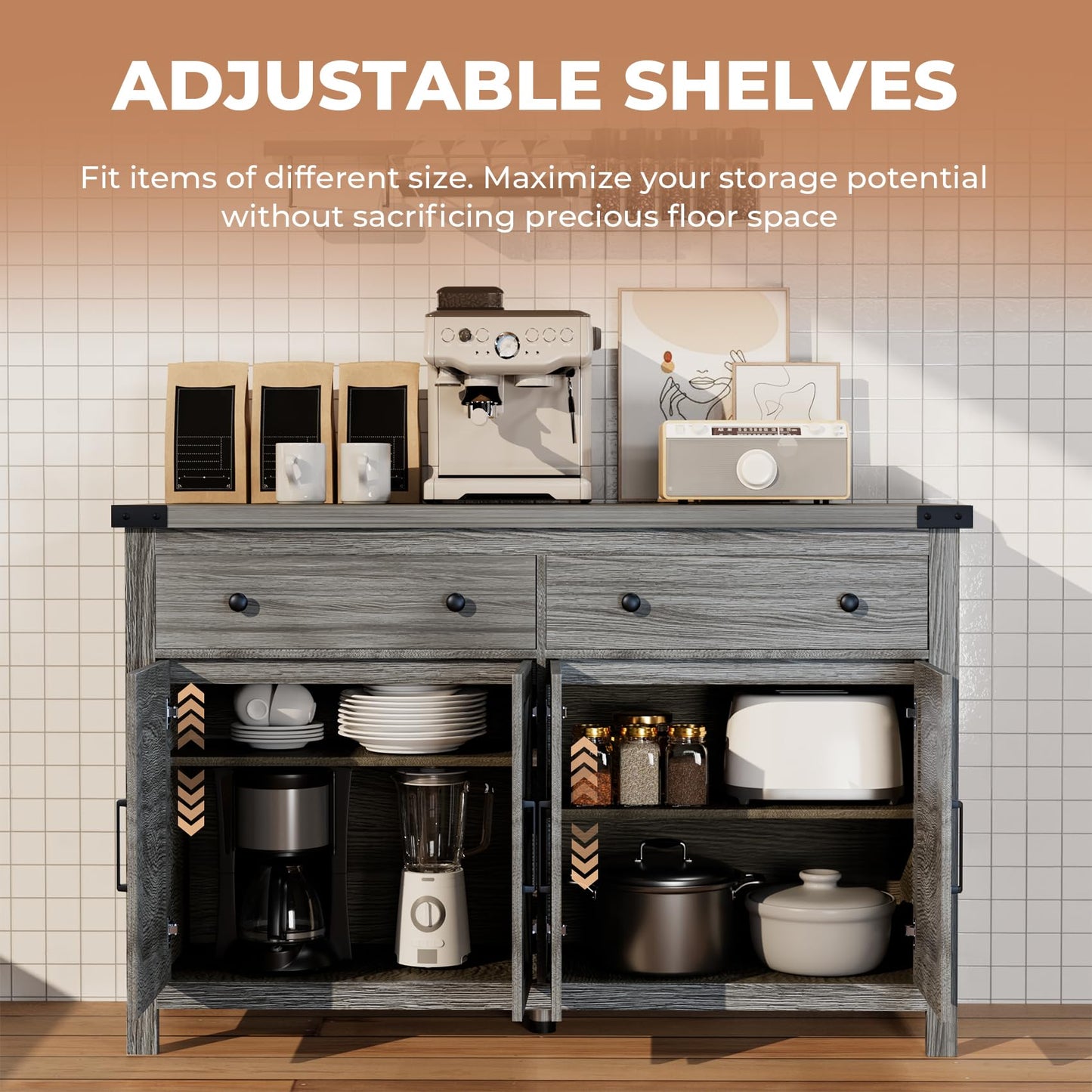 55" Modern Farmhouse Sideboard Buffet Cabinet with Storage, Grey Wood Coffee Bar Cabinet with 2 Drawers & 4 Barn Doors, Long Storage Cabinet for Kitchen, Dining Room & Living Room