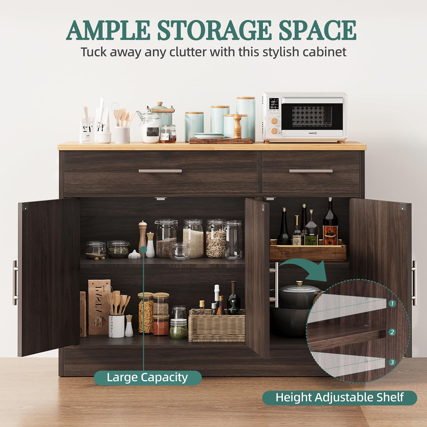 Modern Farmhouse Sideboard Buffet Cabinet with Barn Doors, 2 Drawers and 3 Doors, Adjustable Shelf for Kitchen or Living Room, Brown