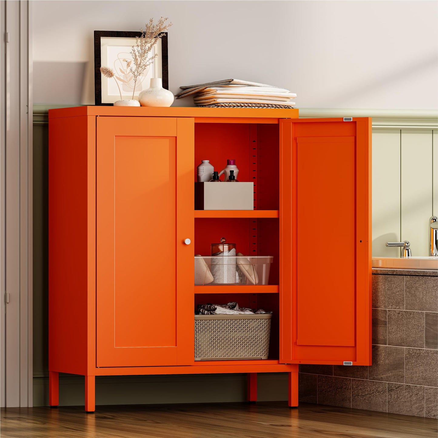 Metal Bathroom Storage Cabinet with 2 Doors and 2 Adjustable Shelves, Freestanding Sideboard for Small Spaces, Living Room or Dining Room, Orange