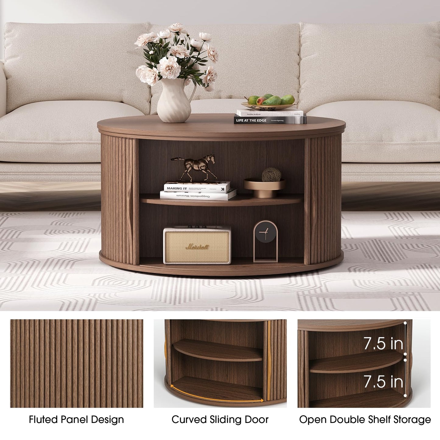 Round Coffee Table with Lift Top, 31.5" Mid-Century Modern Fluted Coffee Table with Hidden Storage Compartment, Small Center Table for Living Room, Walnut