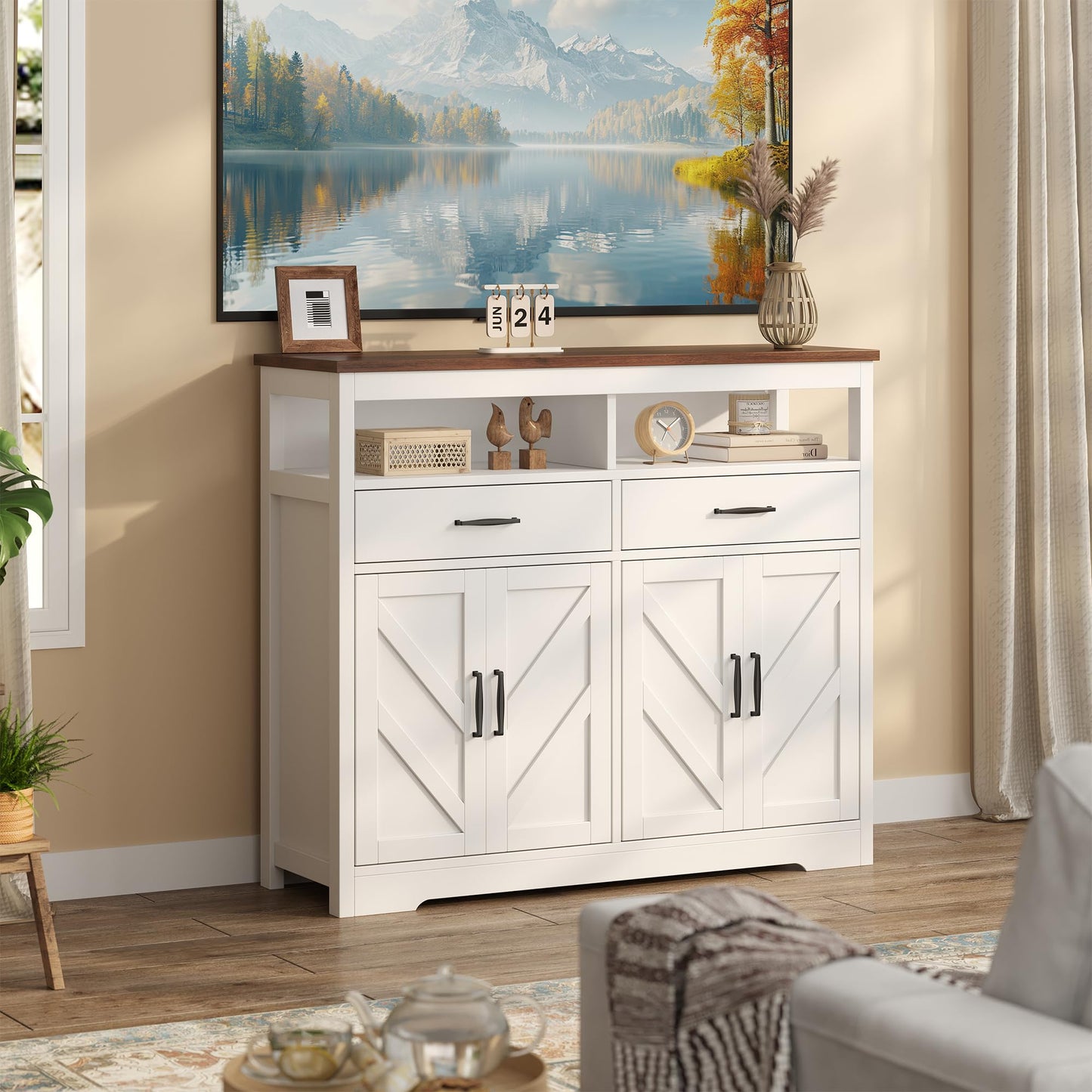 **47" Farmhouse Buffet Sideboard with Storage, 4-Door Kitchen Cabinet with Shelves, Wood Coffee Bar Cabinet for Kitchen, Dining Room, or Entryway**