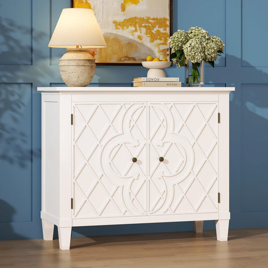 40" Coffee Bar Cabinet with Doors and Shelf, Wood Storage Sideboard with Carved Motif for Living Room, Kitchen, or Entryway, Distressed White