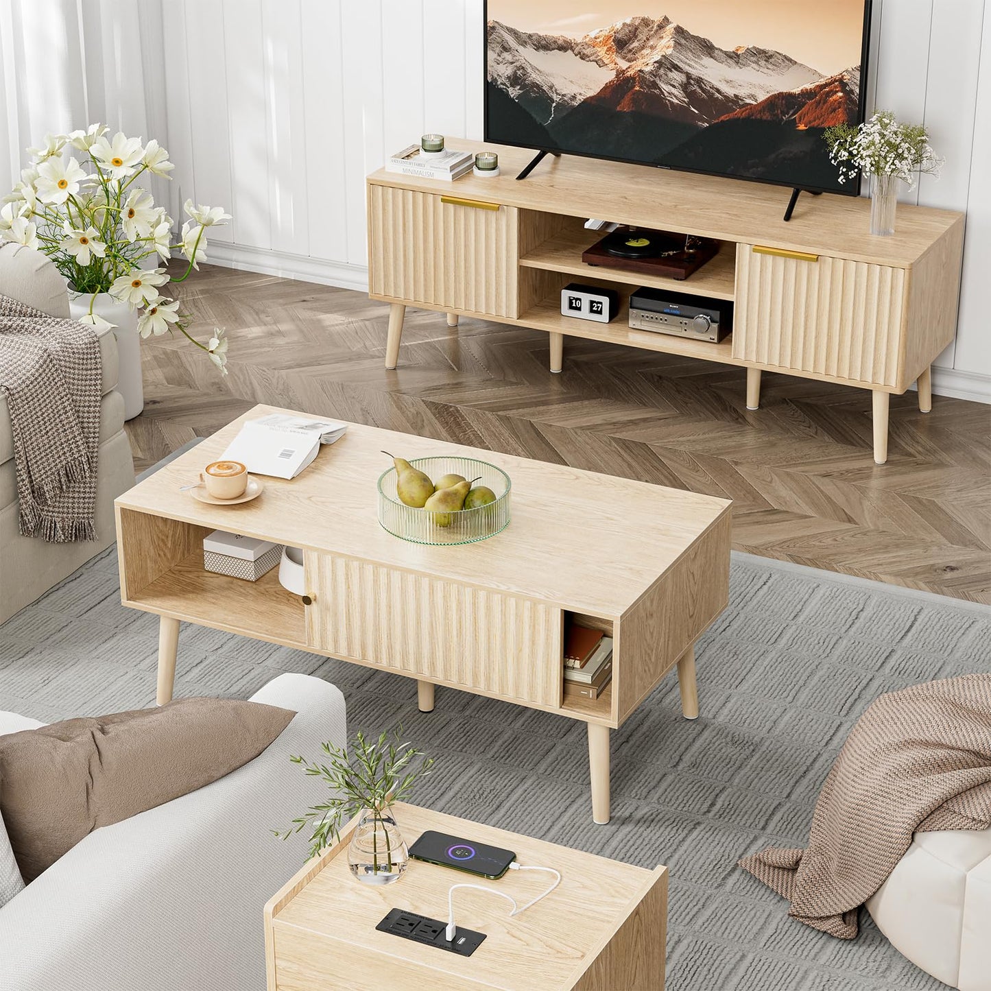 Boho Coffee Table with Storage – Sliding Fluted Door & Solid Wood Legs, Small Center Table for Living Room, Oak