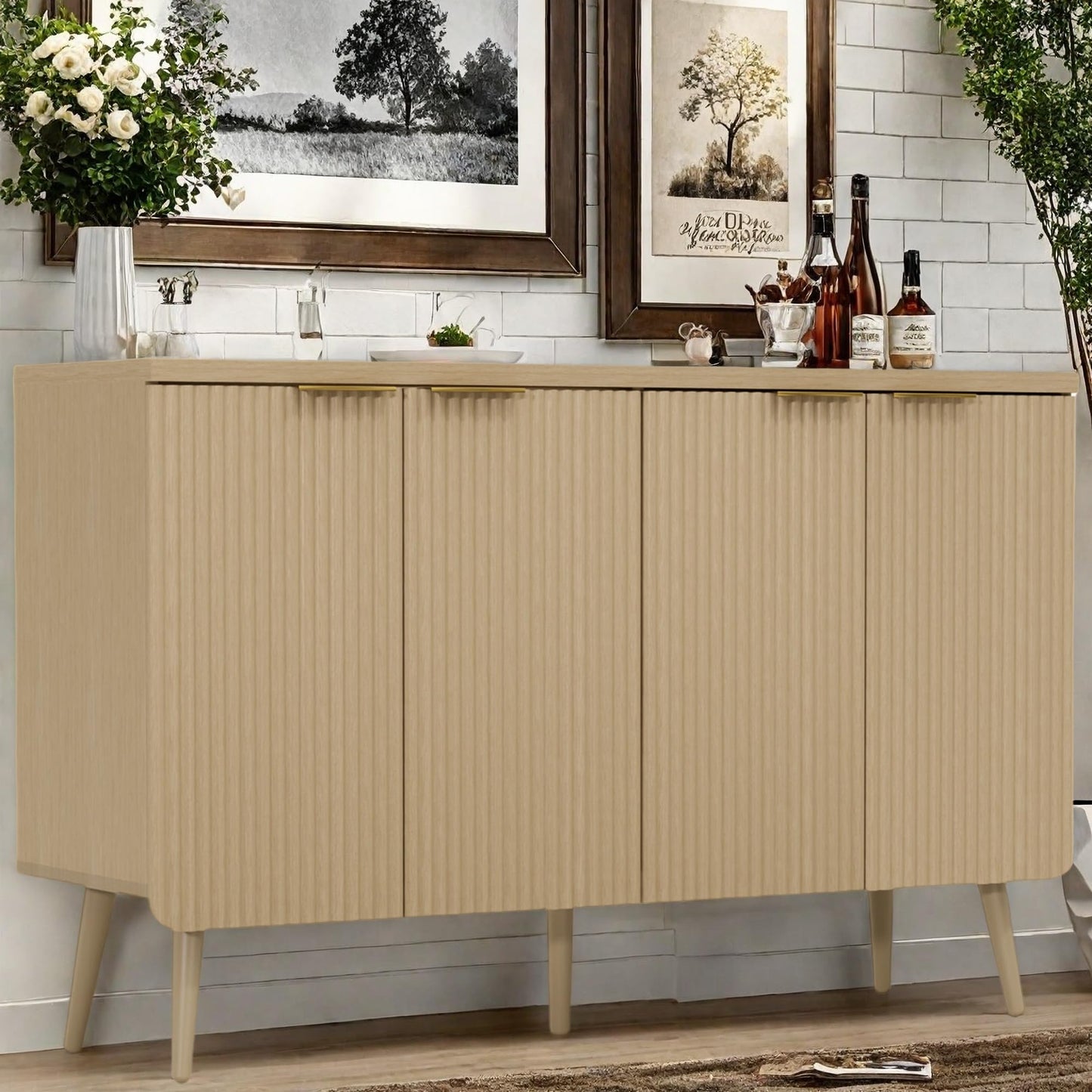 Fluted Buffet Cabinet with Doors and Shelves, Modern Wood Sideboard Coffee Bar Storage for Kitchen, Dining, and Living Room, Natural Oak
