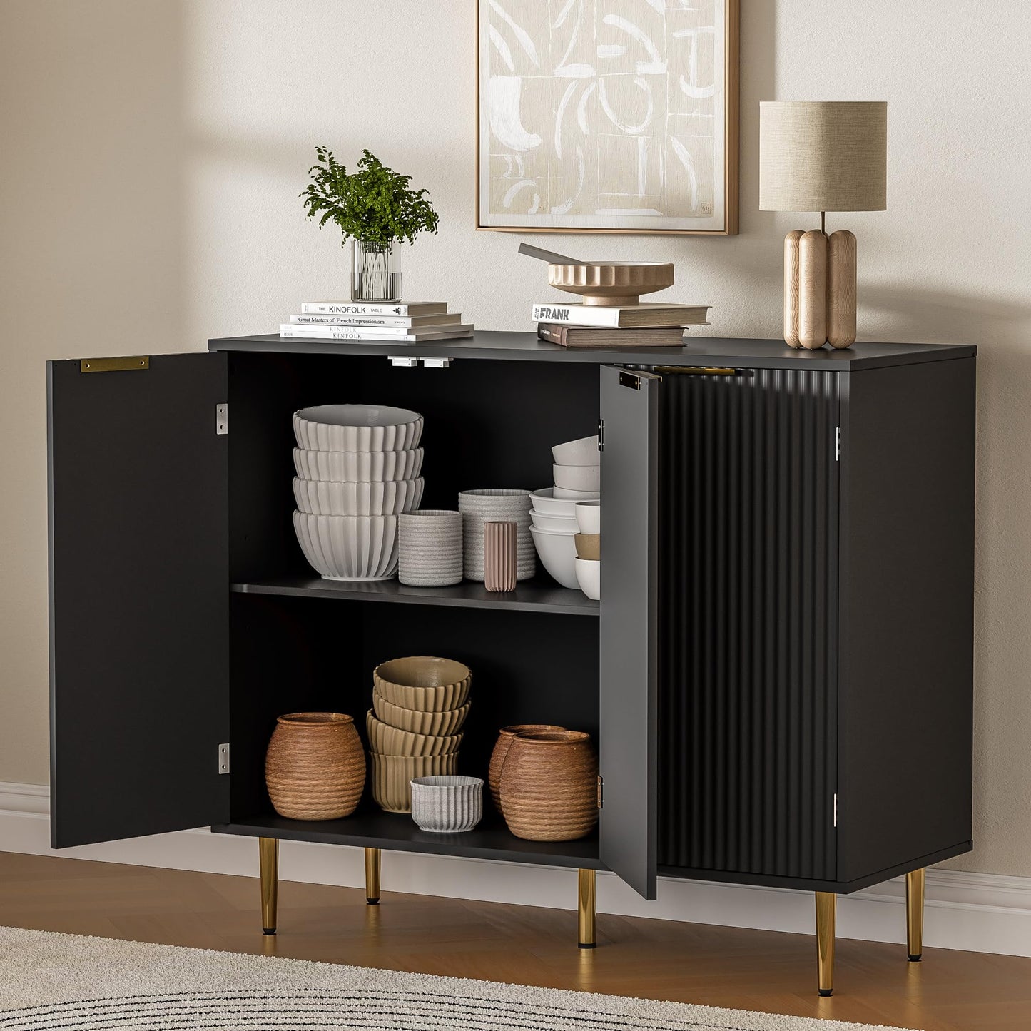 Fluted Sideboard Buffet with 3 Doors and Adjustable Shelves, Modern Kitchen Storage Cabinet with Gold Handles, Coffee Bar for Living Room or Kitchen, Black