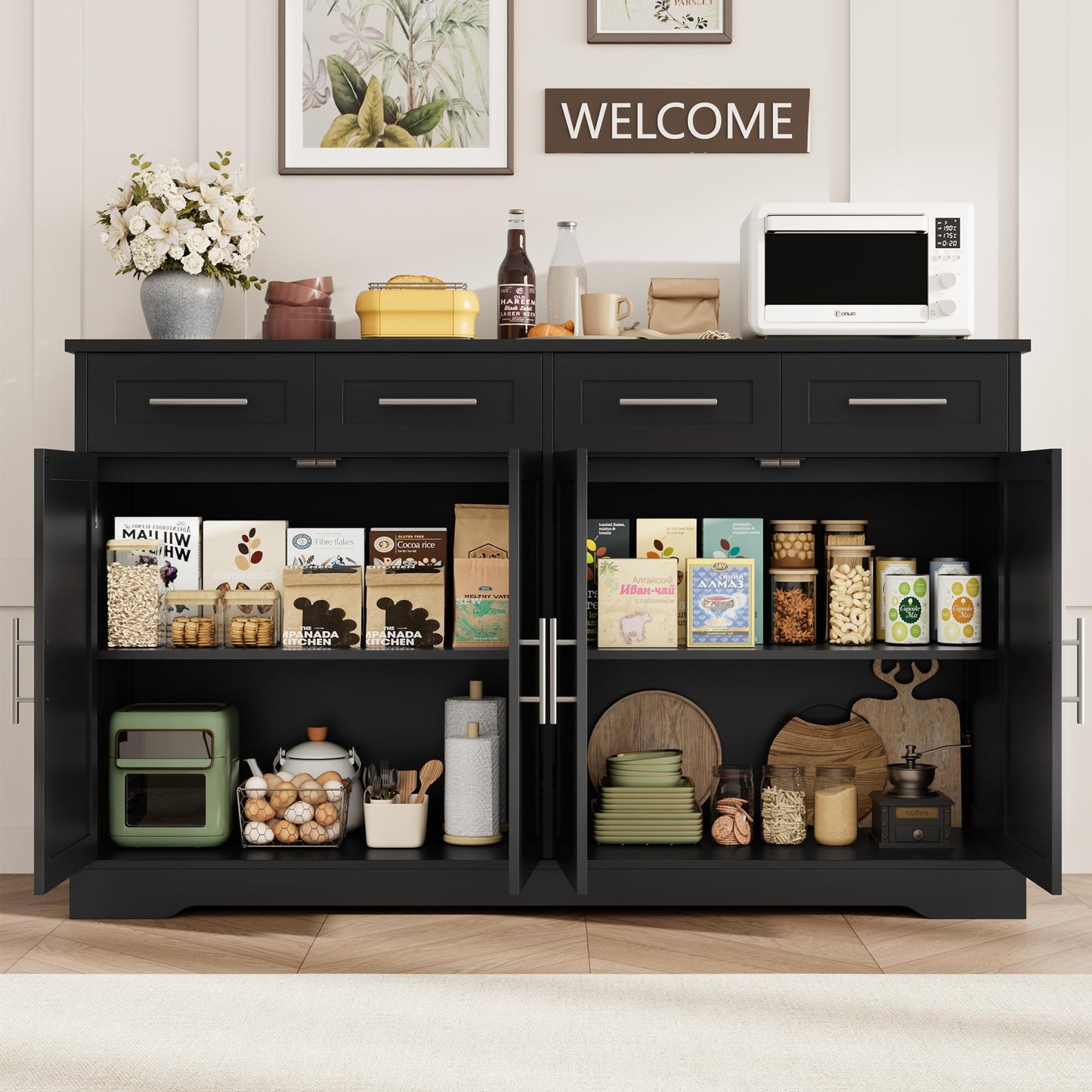 60" Large Buffet Sideboard with 4 Drawers and Storage, 36" Tall Modern Kitchen Cabinet with Silver Handles, Black