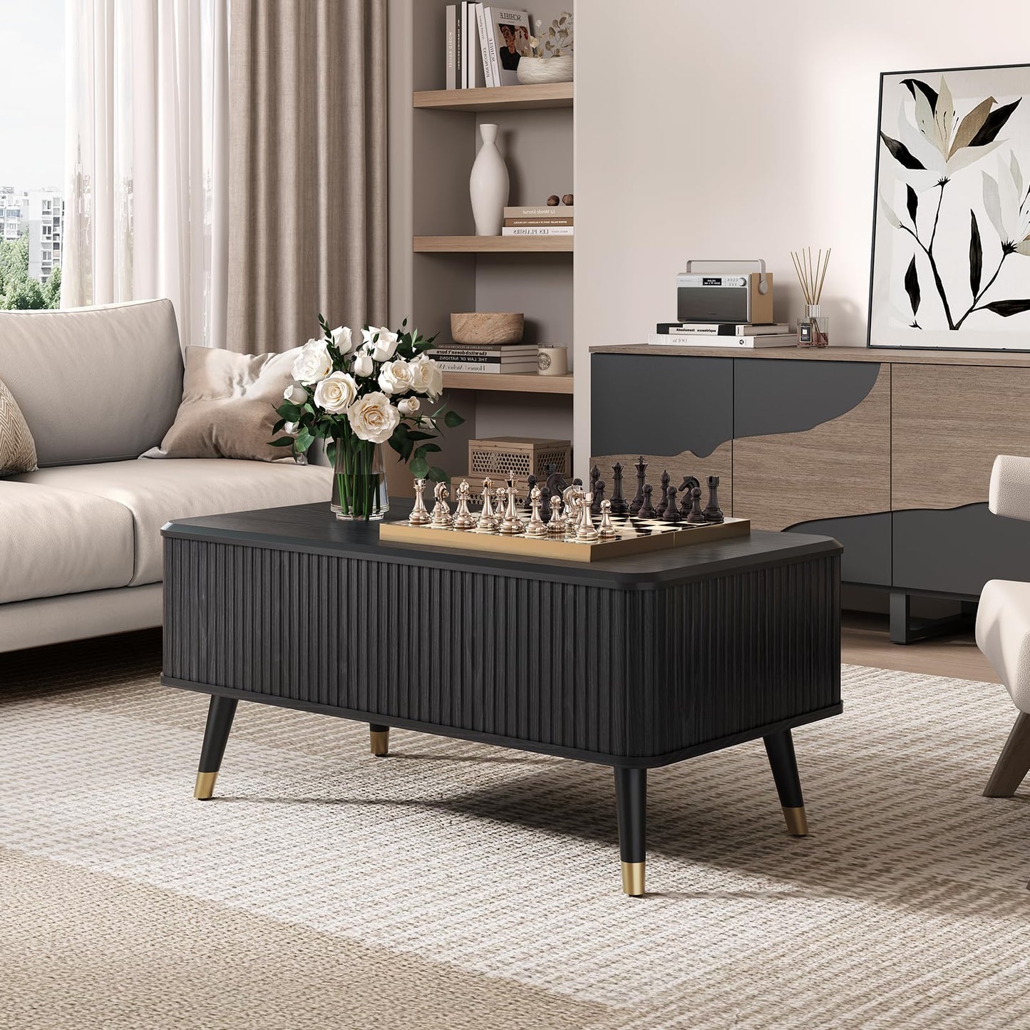 Lift Top Coffee Table with Storage Shelf & Hidden Compartment, Mid-Century Modern Fluted Rectangle Table for Living Room or Home Office, Black