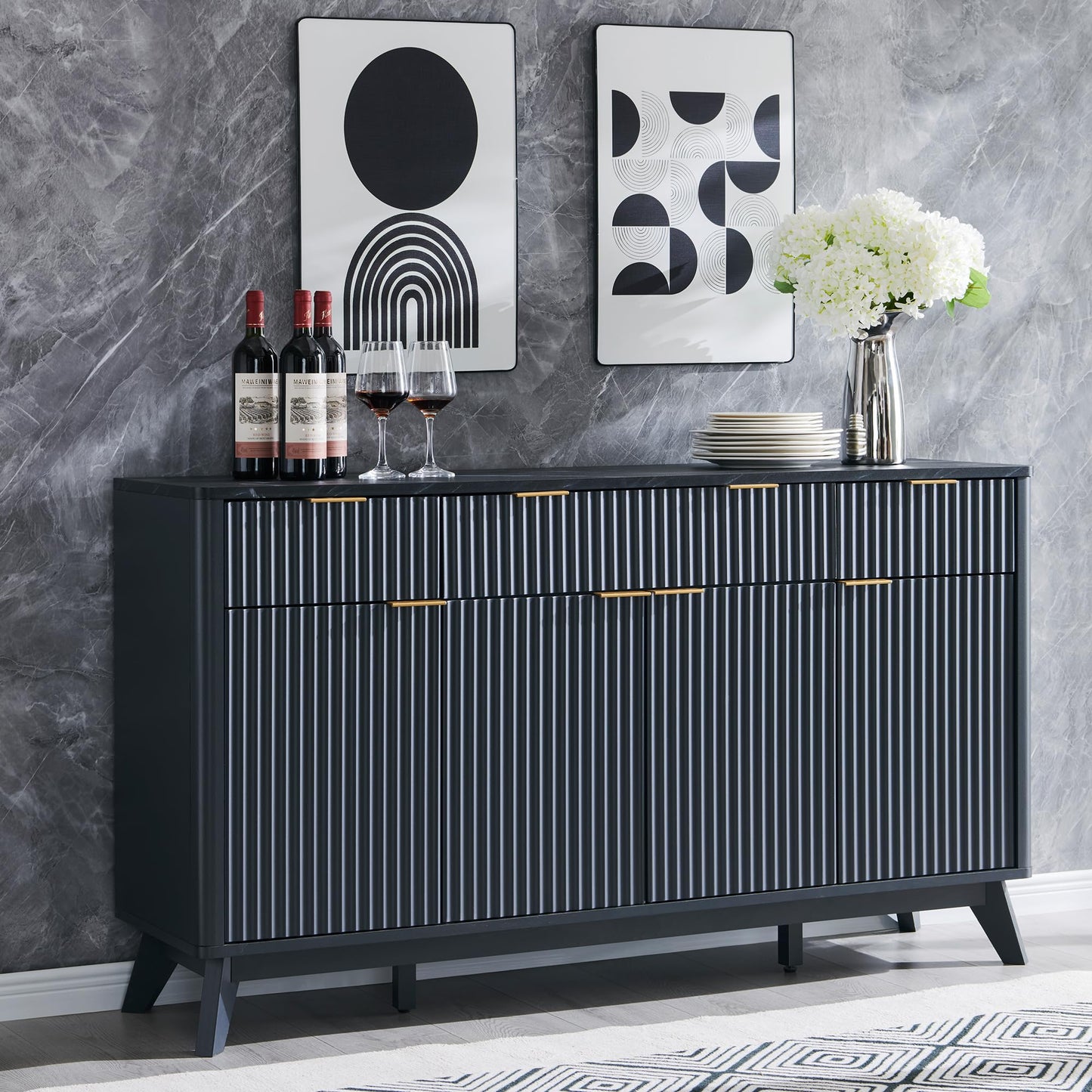 **T4TREAM 60" Fluted Modern Buffet Sideboard Cabinet with Storage, Large Buffet Table with 3 Drawers & 4 Doors for Dining Room, Living Room, or Hallway, Dark Grey**