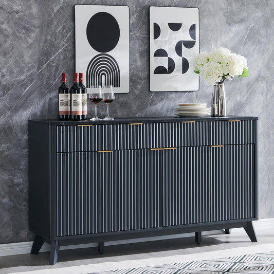 **T4TREAM 60" Fluted Modern Buffet Sideboard Cabinet with Storage, Large Buffet Table with 3 Drawers & 4 Doors for Dining Room, Living Room, or Hallway, Dark Grey**