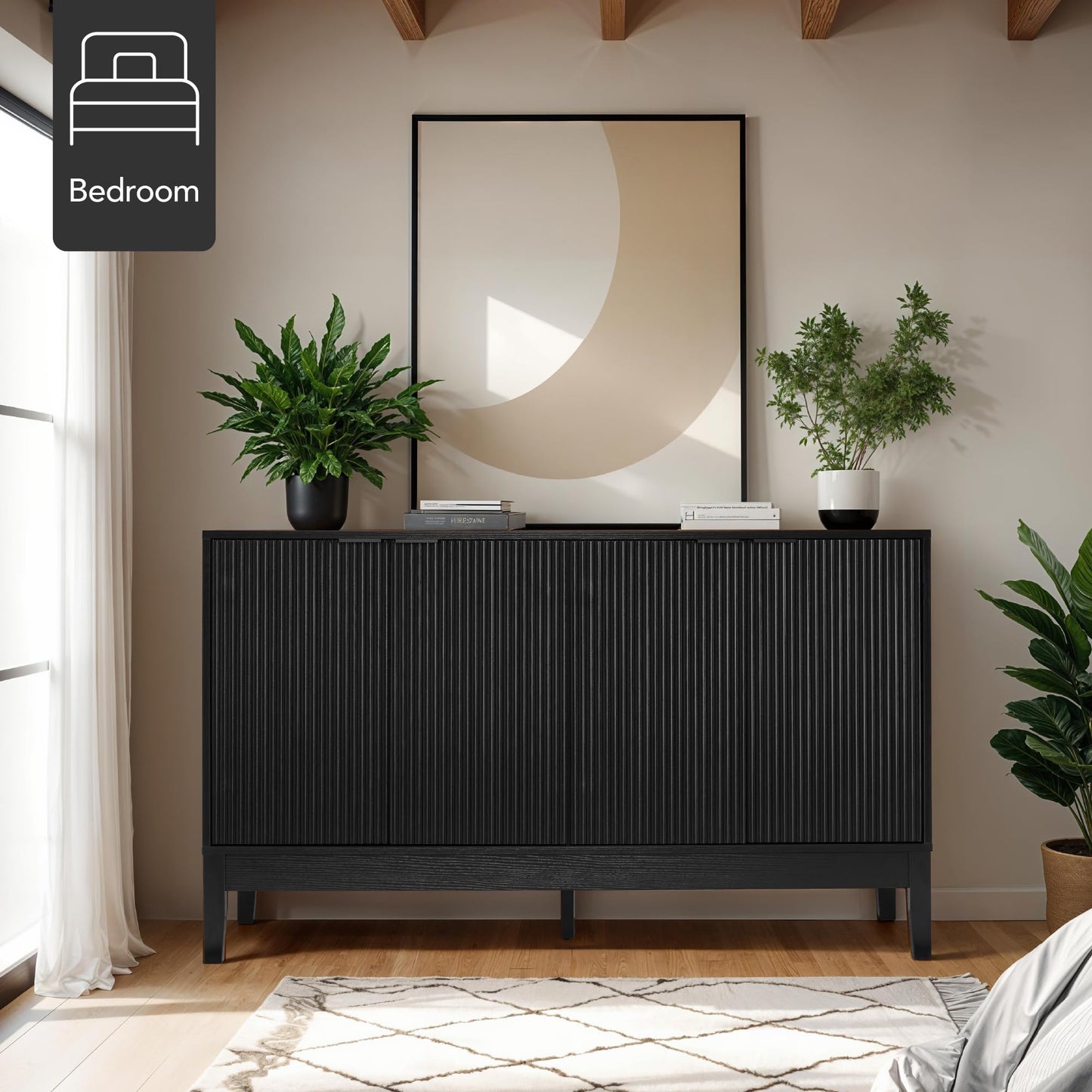 Modern 55" 4-Door Sideboard Storage Cabinet with Reed Panels and Adjustable Shelves, Buffet Media Cabinet for Entryway or Living Room, Black