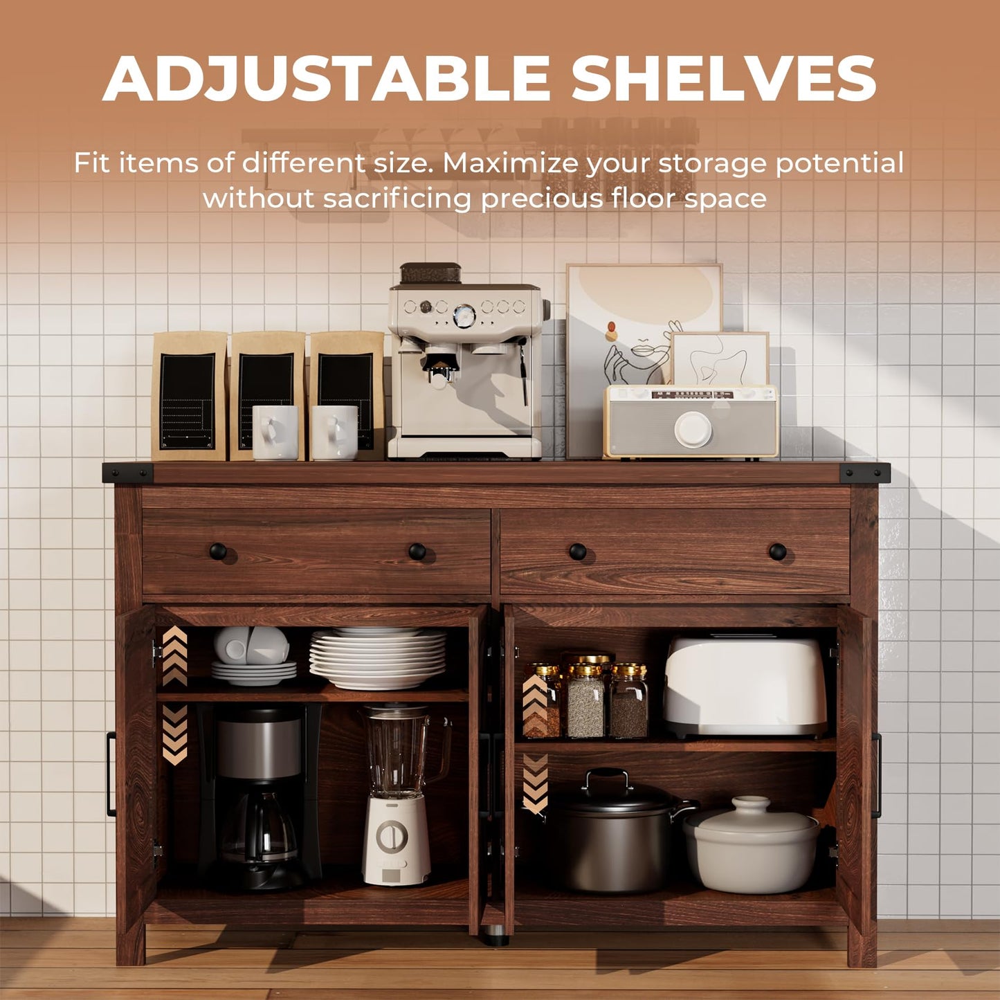 55'' Farmhouse Buffet Cabinet with Storage, Cherry Wood Sideboard Coffee Bar Cabinet with 4 Doors & 2 Drawers, Large Kitchen Storage Cabinet for Dining Room & Living Room