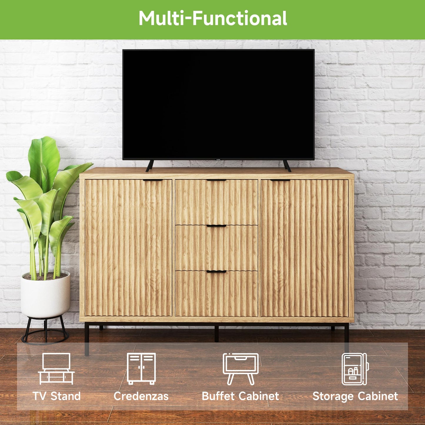 **Real Relax Sideboard Buffet Cabinet with Storage, Modern Fluted Sideboard with 2 Doors and 3 Drawers, Coffee Bar Accent Storage Credenza for Kitchen, Dining Room, and Living Room, Oak**