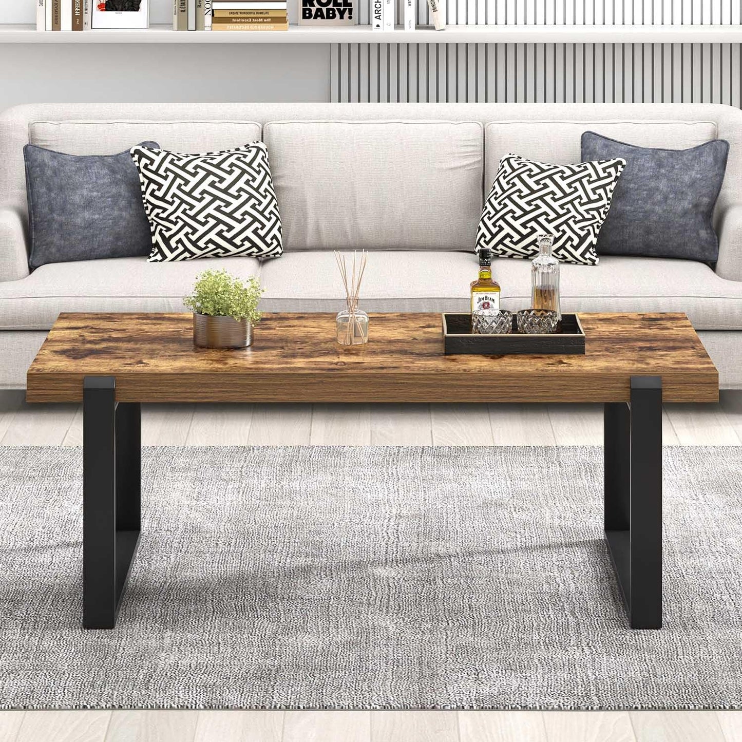 FOLUBAN 47" Modern Coffee Table – Rustic Brown Wood and Metal Industrial Rectangle Center Table for Living Room