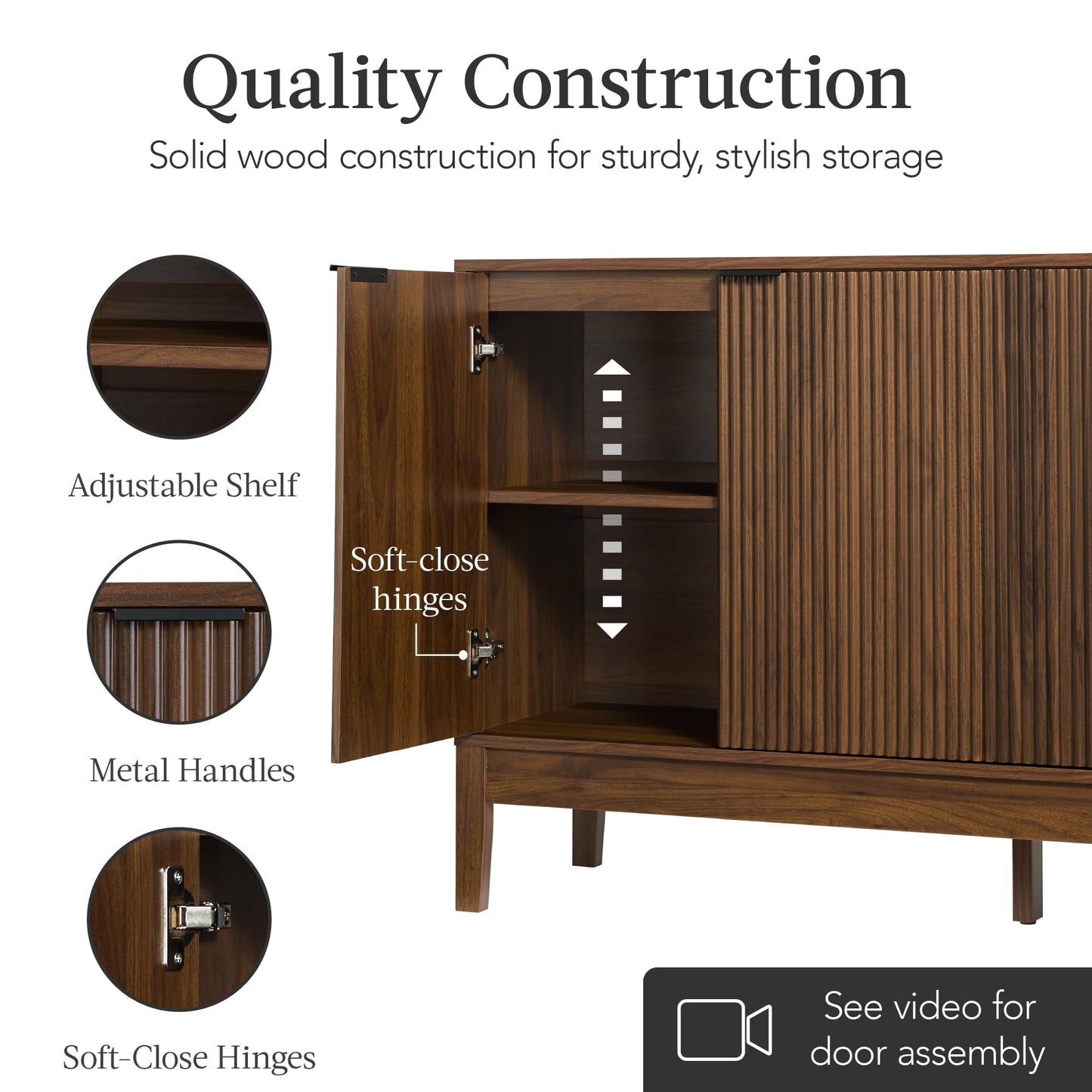 Modern 55" 4-Door Sideboard Storage Cabinet with Reed Panels and Adjustable Shelves, Buffet Media Cabinet for Entryway or Living Room, Walnut
