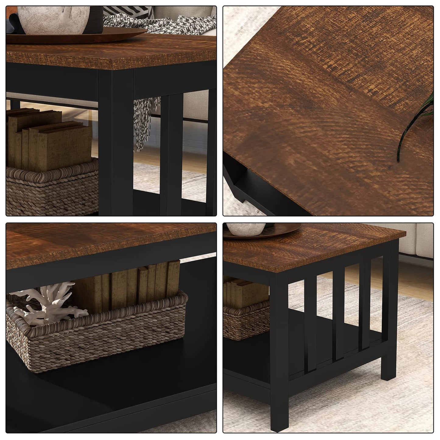 Black Farmhouse Coffee Table with Shelf, 40 Inch Living Room Table