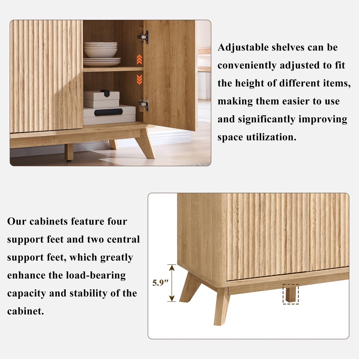 **T4TREAM 60" Fluted Modern Buffet Sideboard Cabinet with Storage, Large Buffet Table with 3 Drawers & 4 Doors for Dining Room, Living Room, or Hallway, Natural Oak**