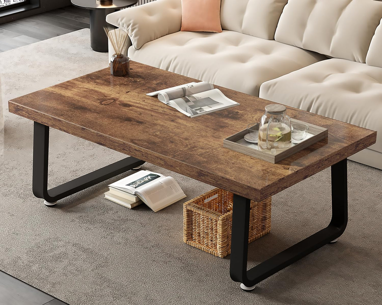 HSH 47" Rustic Brown Wooden Coffee Table – Industrial Rectangle Center Table, Modern Minimalist Farmhouse Wood and Metal Coffee Table for Living Room, Bedroom, or Home Office