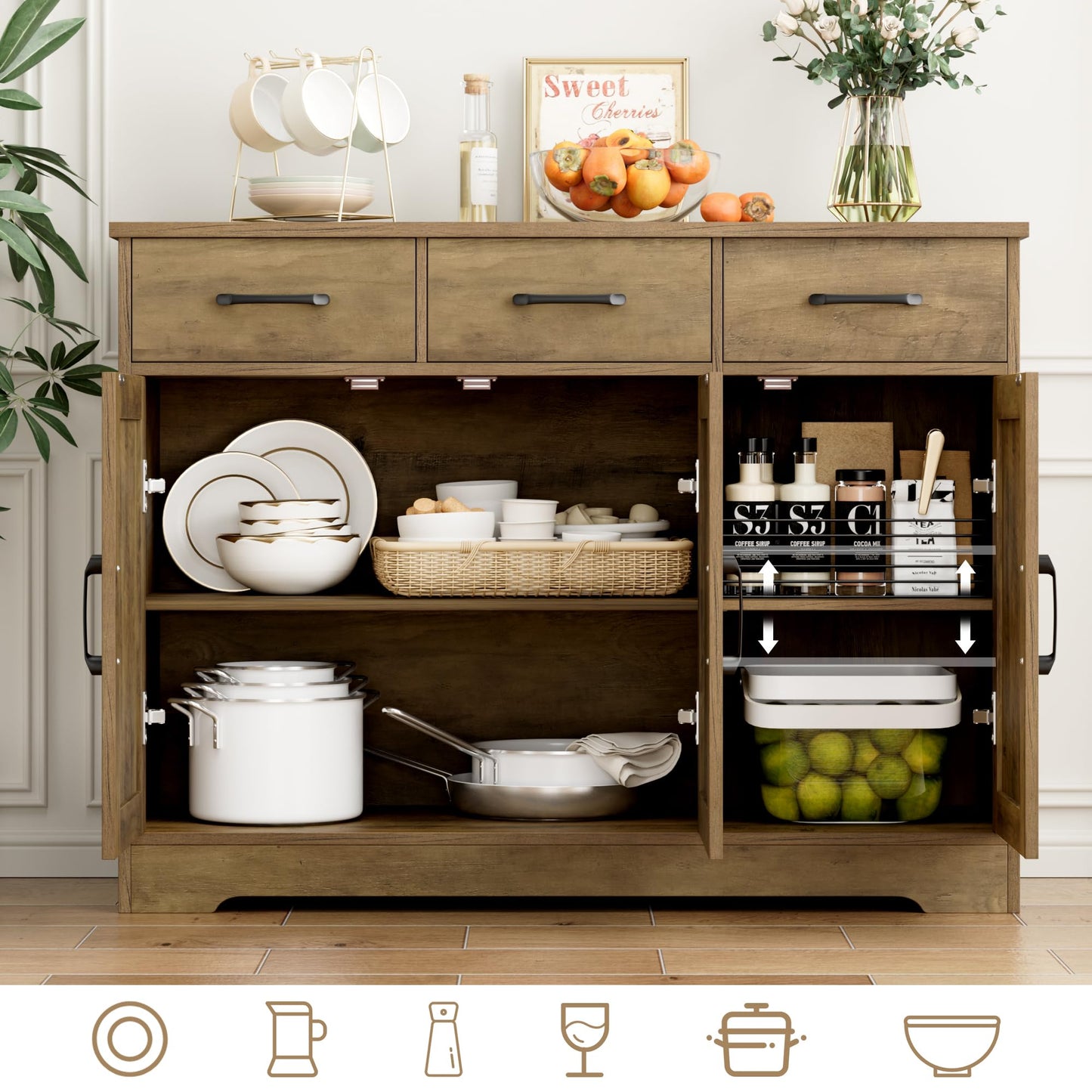 **HOSTACK Modern Farmhouse Buffet Sideboard Cabinet with Barn Doors, Drawers, and Shelves, Wood Coffee Bar Station for Dining Room, Kitchen, or Living Room, Rustic Brown**