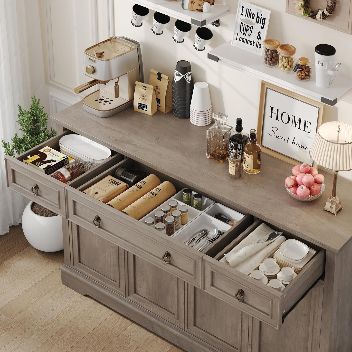 FINETONES 52.7" Large Buffet Cabinet with Storage, Modern Sideboard with 3 Drawers and 4 Doors, Wooden Coffee Bar Cabinet for Kitchen, Dining Room, Living Room, or Home Office, Ash Grey