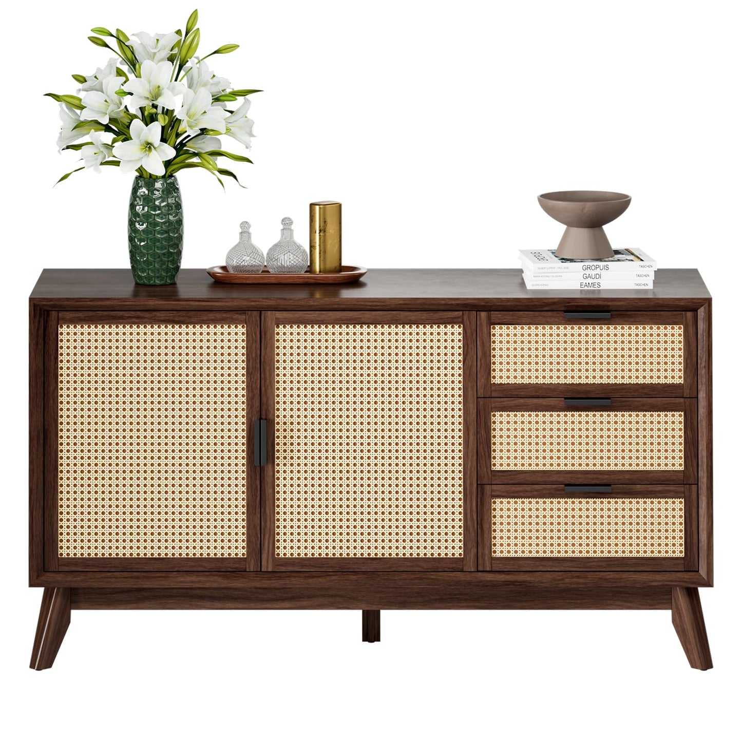 **58" Rattan Buffet Sideboard with 3 Drawers and 2 Doors, Pre-Assembled Accent Console Table for Living Room, Kitchen, or Dining, Walnut**